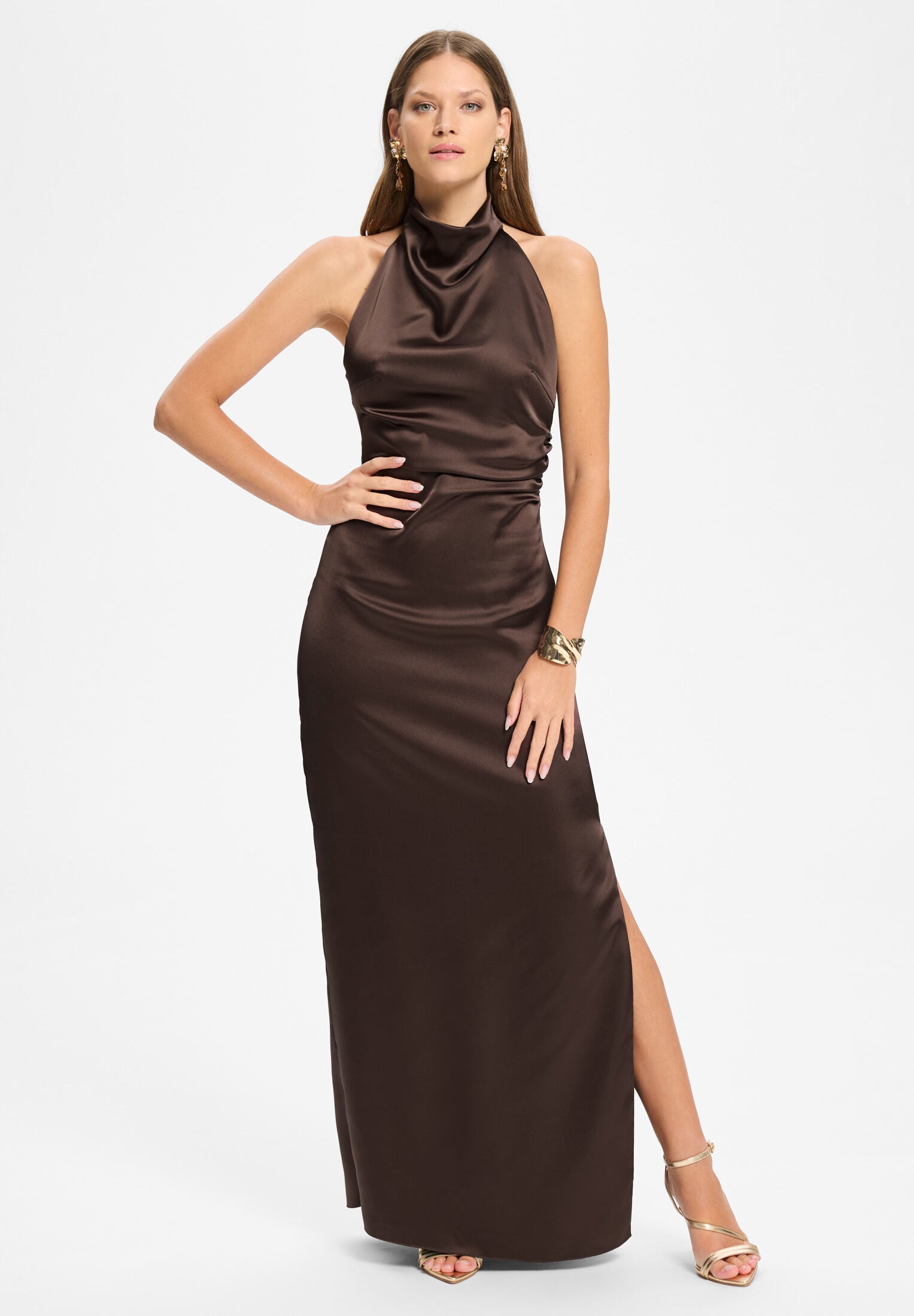 Figurbetontes Abendkleid aus Stretch Satin mit Drapierung am Kragen chocolate brown