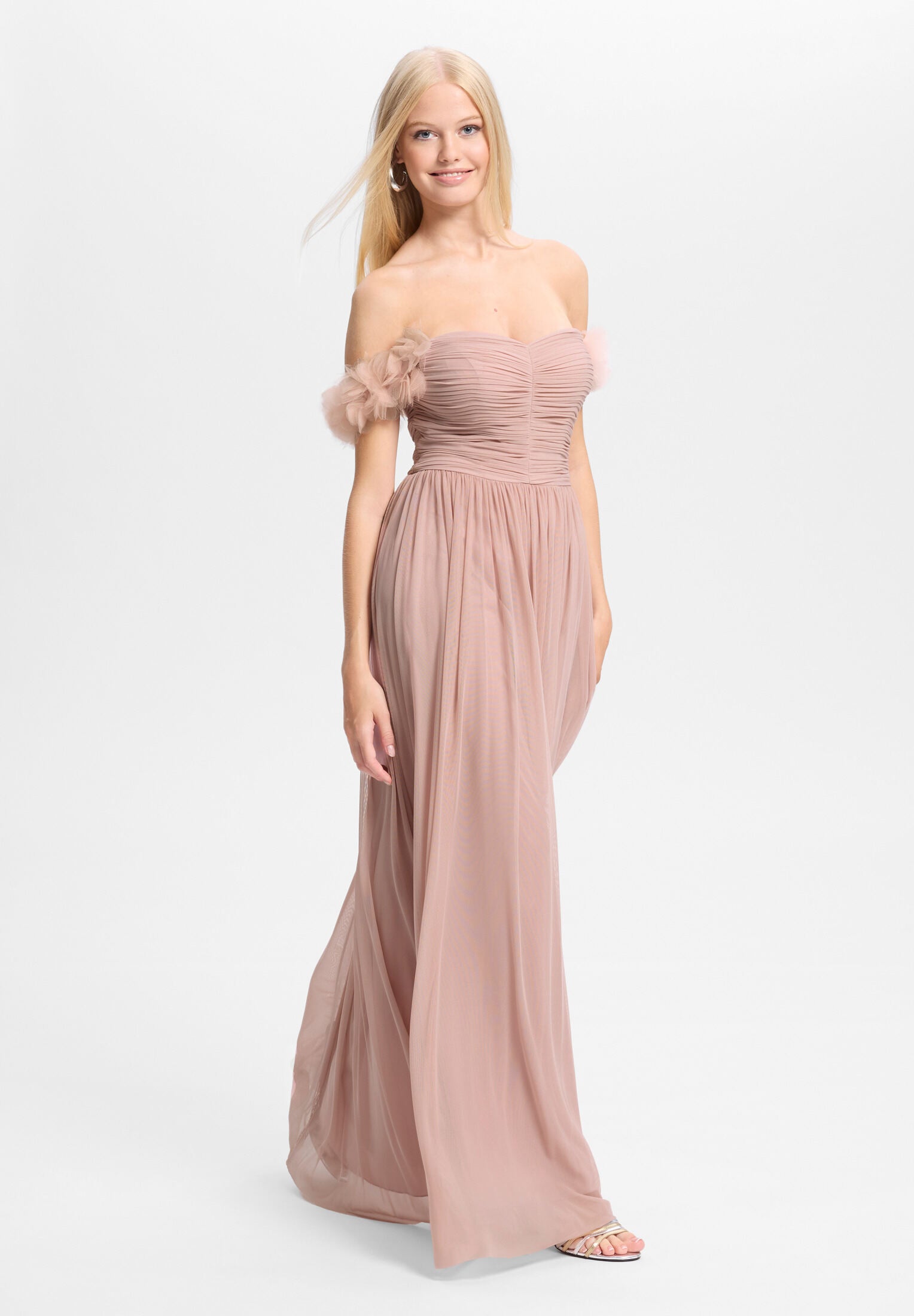 Off-Shoulder Abendkleid mit Blütenapplikation