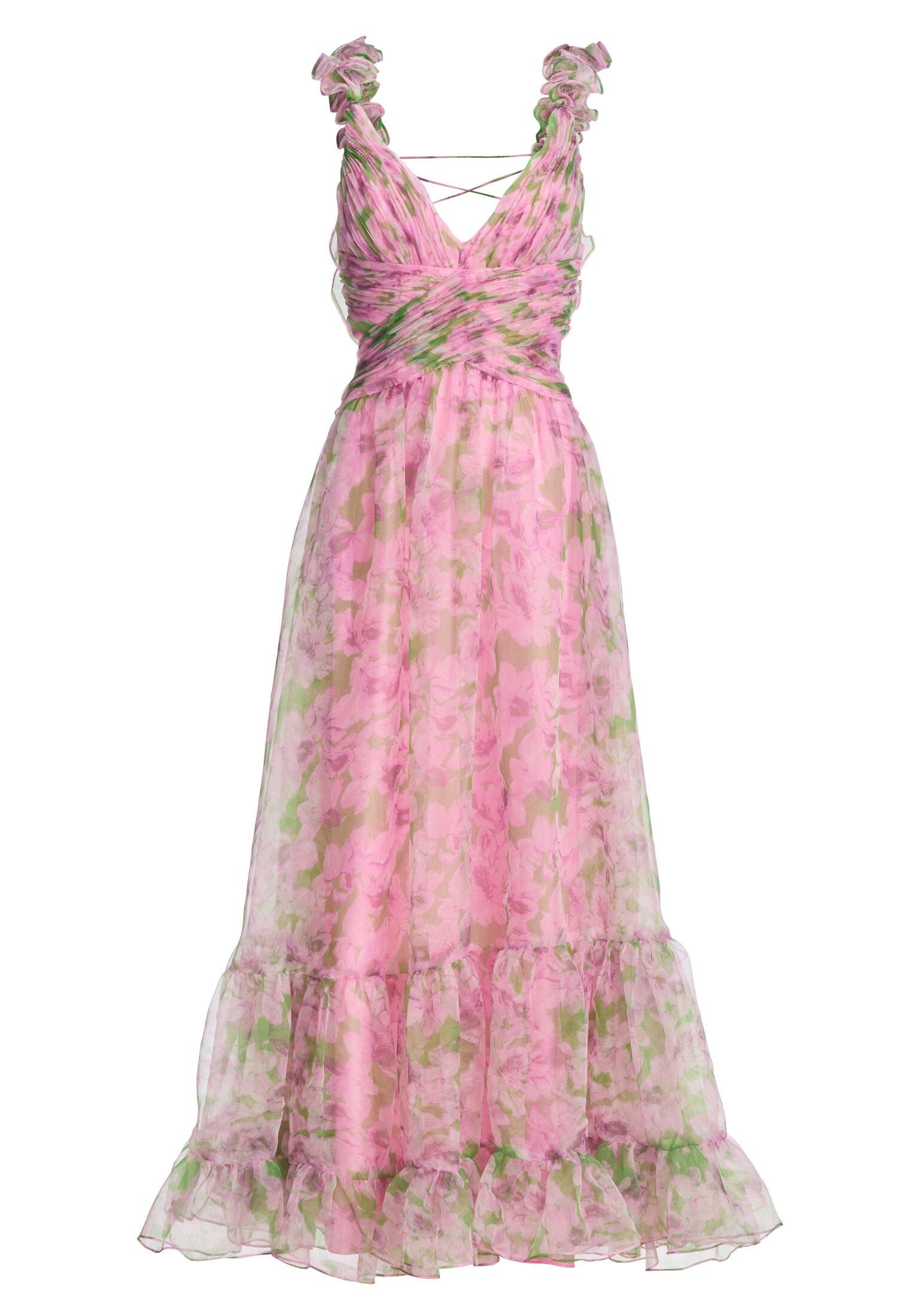 Abendkleid mit floralem Print und Rüschendetails