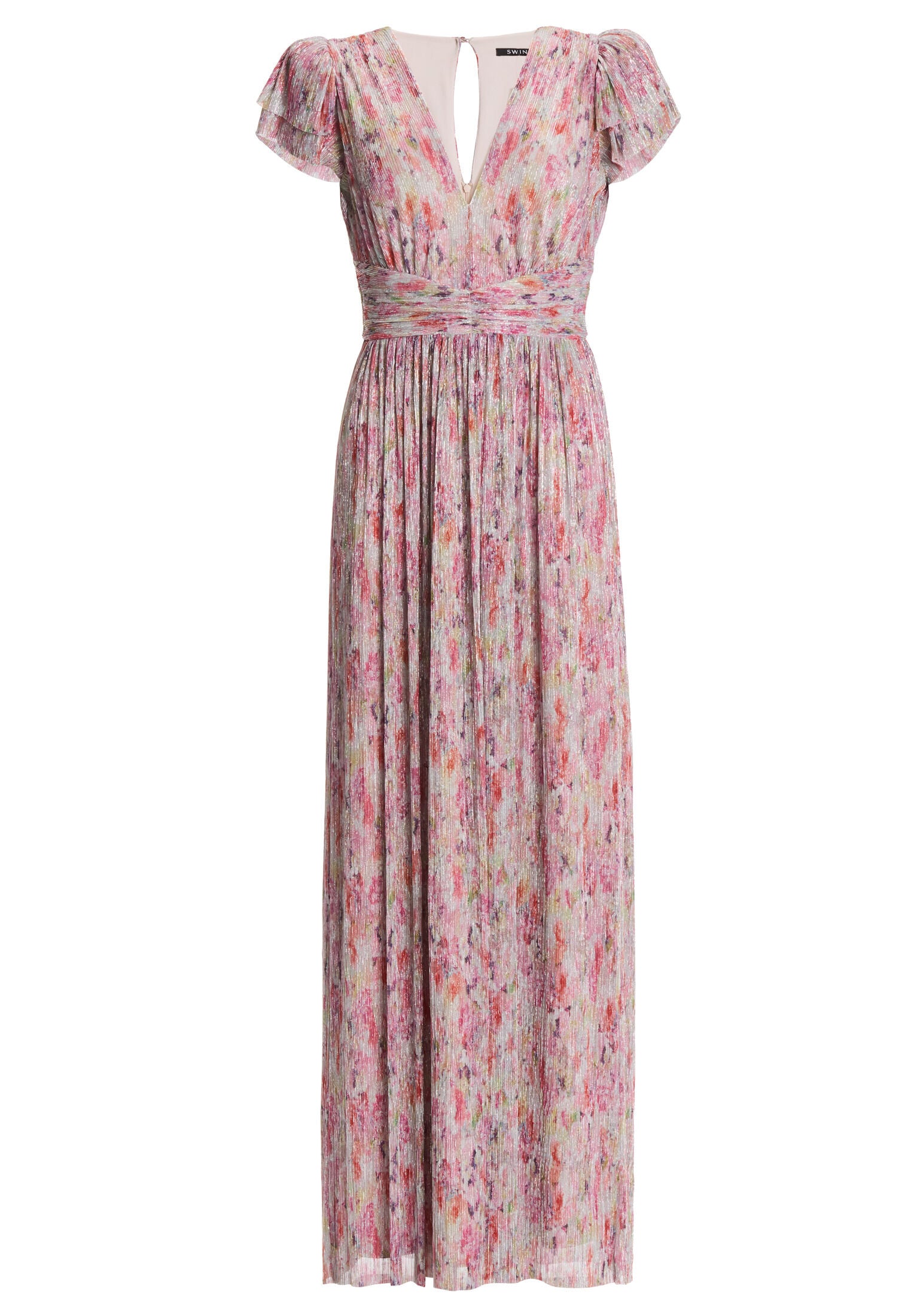 Abendkleid aus bedrucktem Plissee Jersey mit betonter Schulter