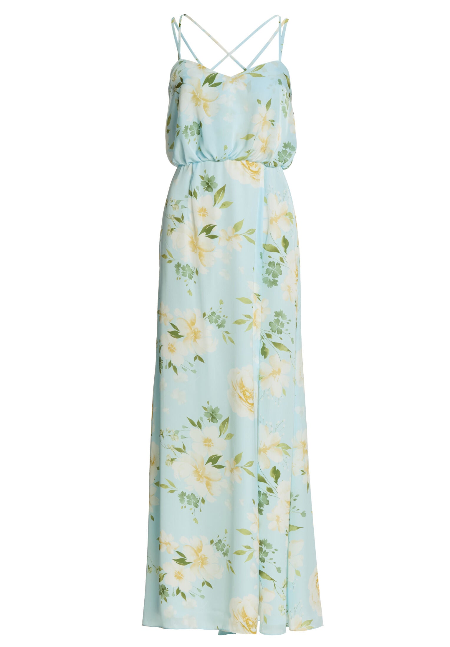 Abendkleid aus floral bedrucktem Satin mit gekreuzten Spaghettiträgern