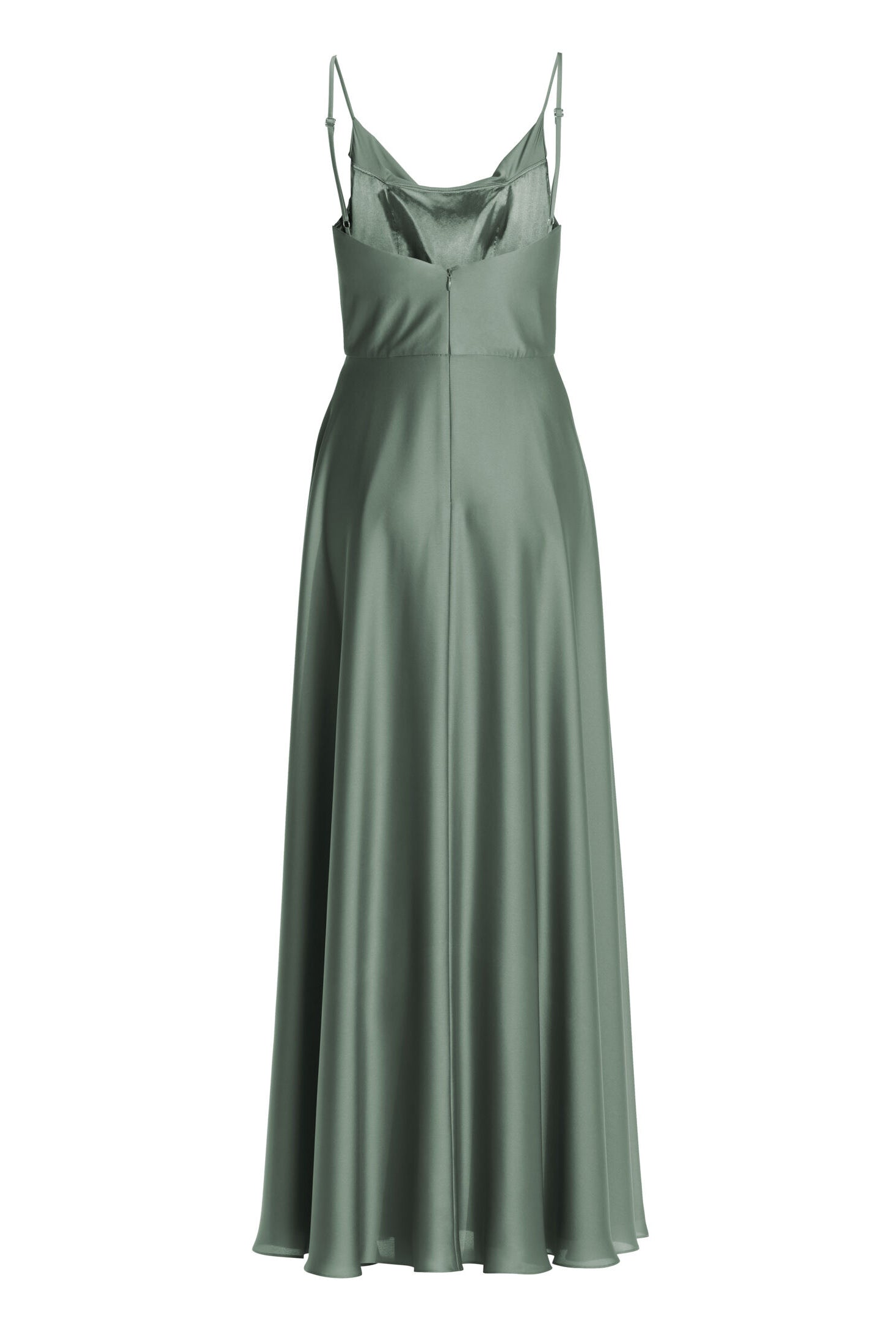 Abendkleid aus nachhaltigem Satin mit Wasserfall-Ausschnitt und Beinschlitz