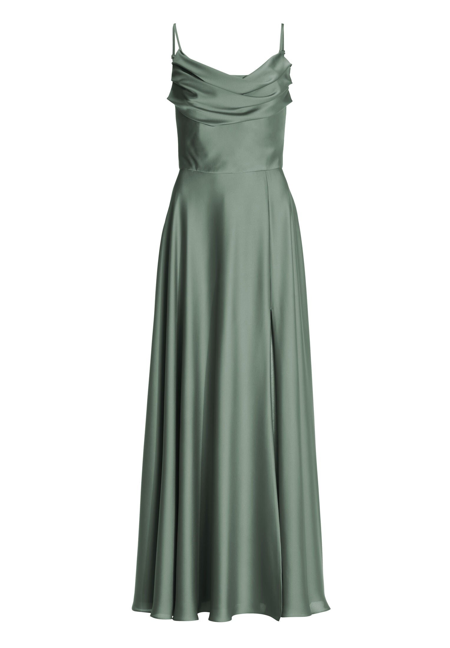 Abendkleid aus nachhaltigem Satin mit Wasserfall-Ausschnitt und Beinschlitz