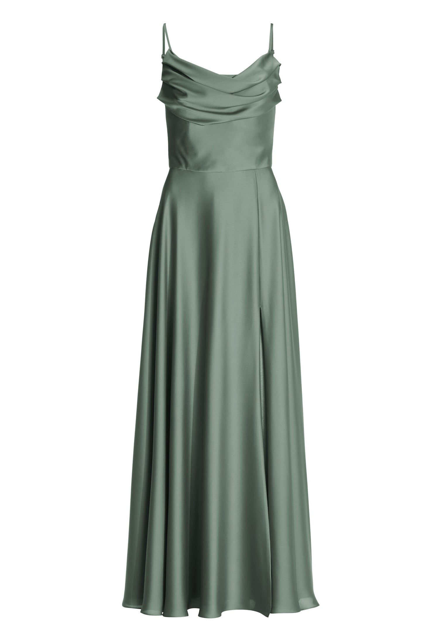 Abendkleid aus nachhaltigem Satin mit Wasserfall-Ausschnitt und Beinschlitz