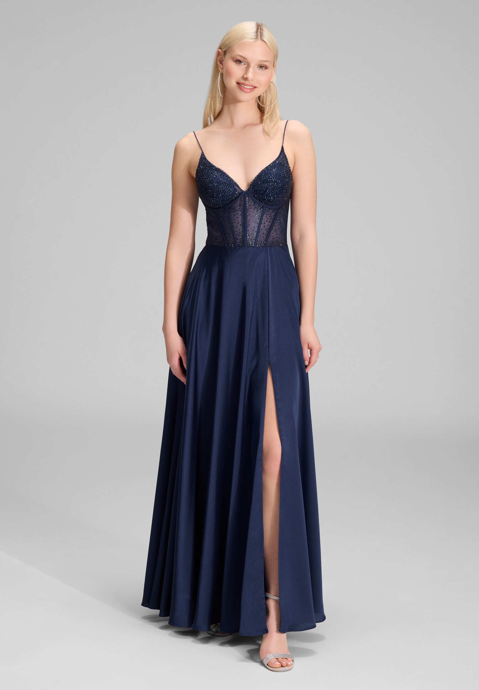 Abendkleid mit Corsagentop und feinen Ziersteinen navy