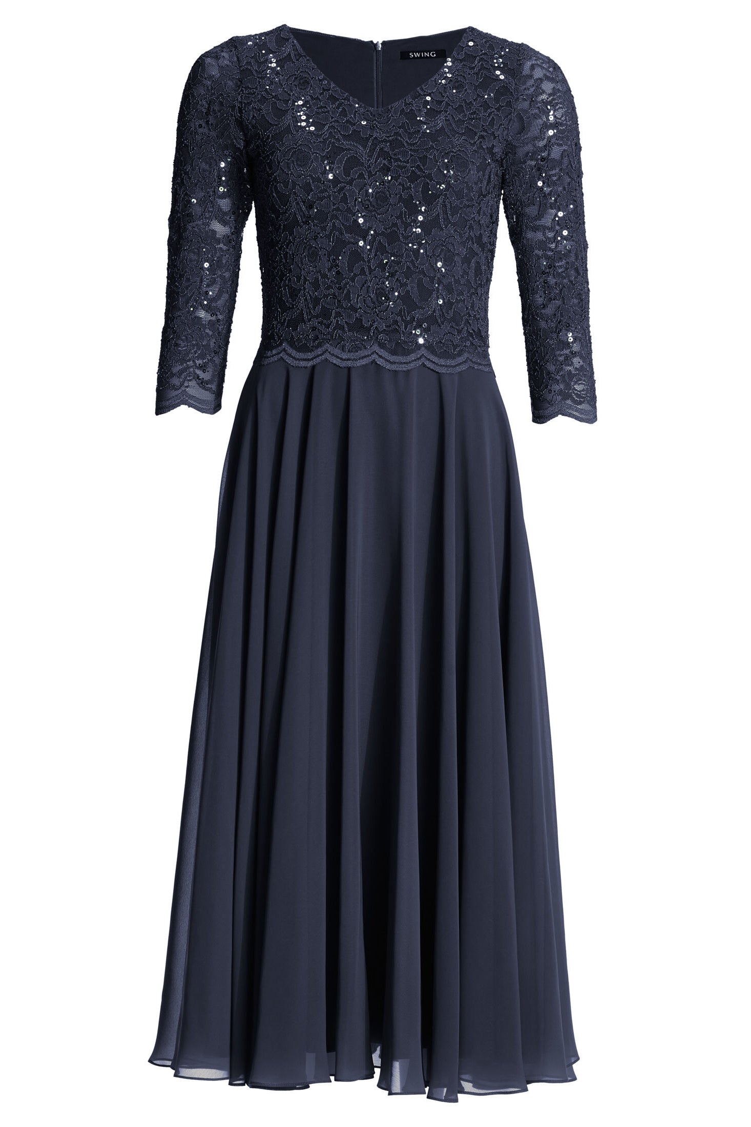 Midi Kleid mit paillettenbesetztem Spitzenoberteil