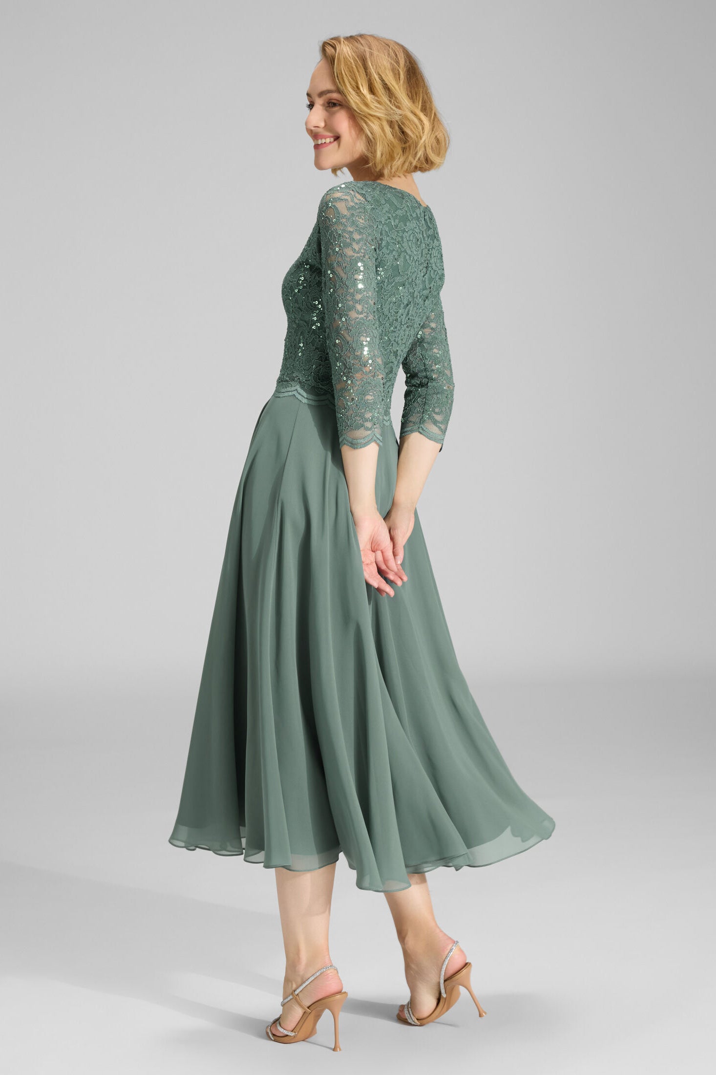 Midi Kleid mit paillettenbesetztem Spitzenoberteil