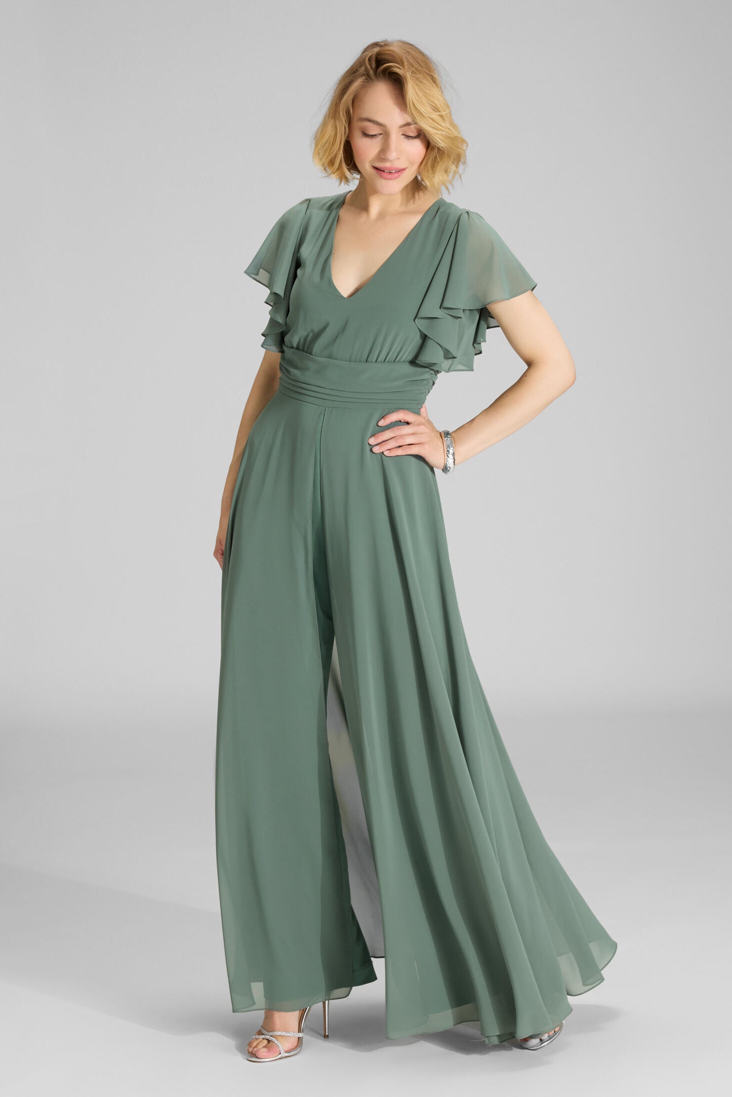 Chiffon Jumpsuit mit Überrock und Volantärmeln deep slate