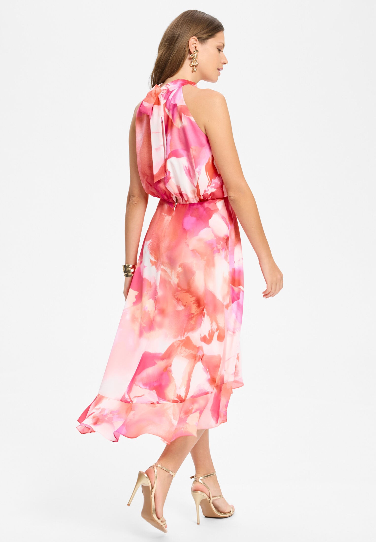 Cocktail Kleid aus bedrucktem Chiffon mit Volant am Saum