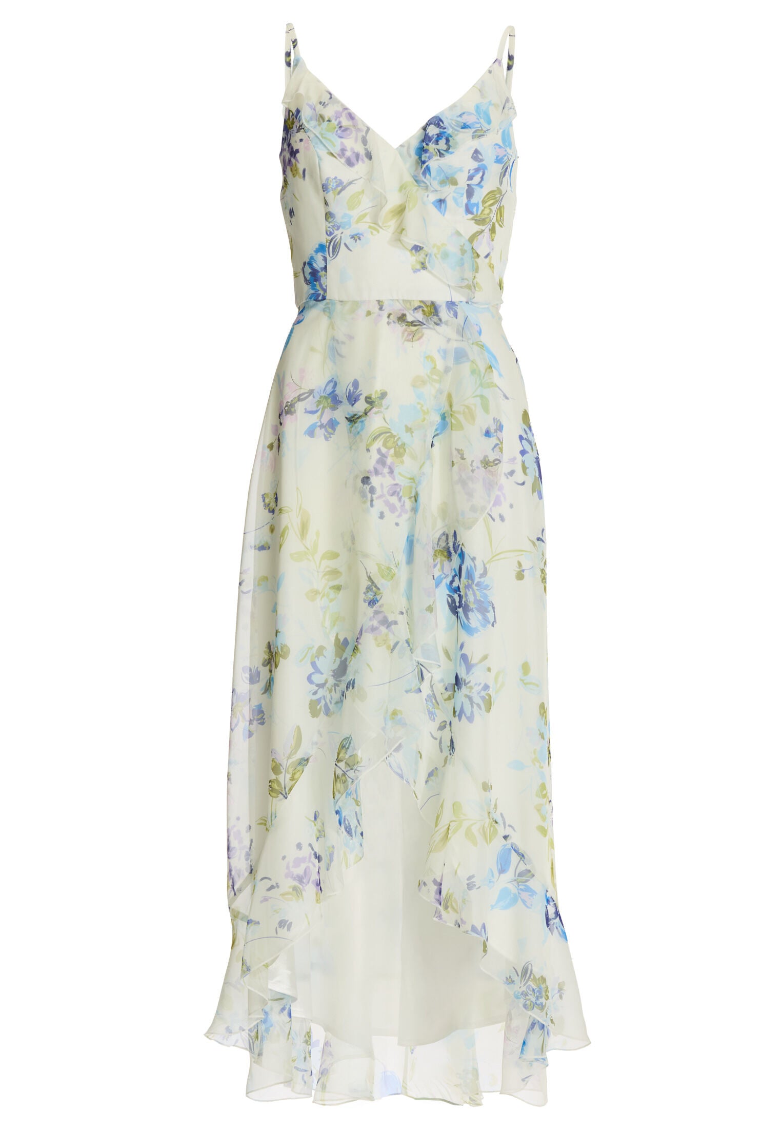 Abendkleid aus floral bedrucktem Chiffon mit Vokuhila Saum und Volants