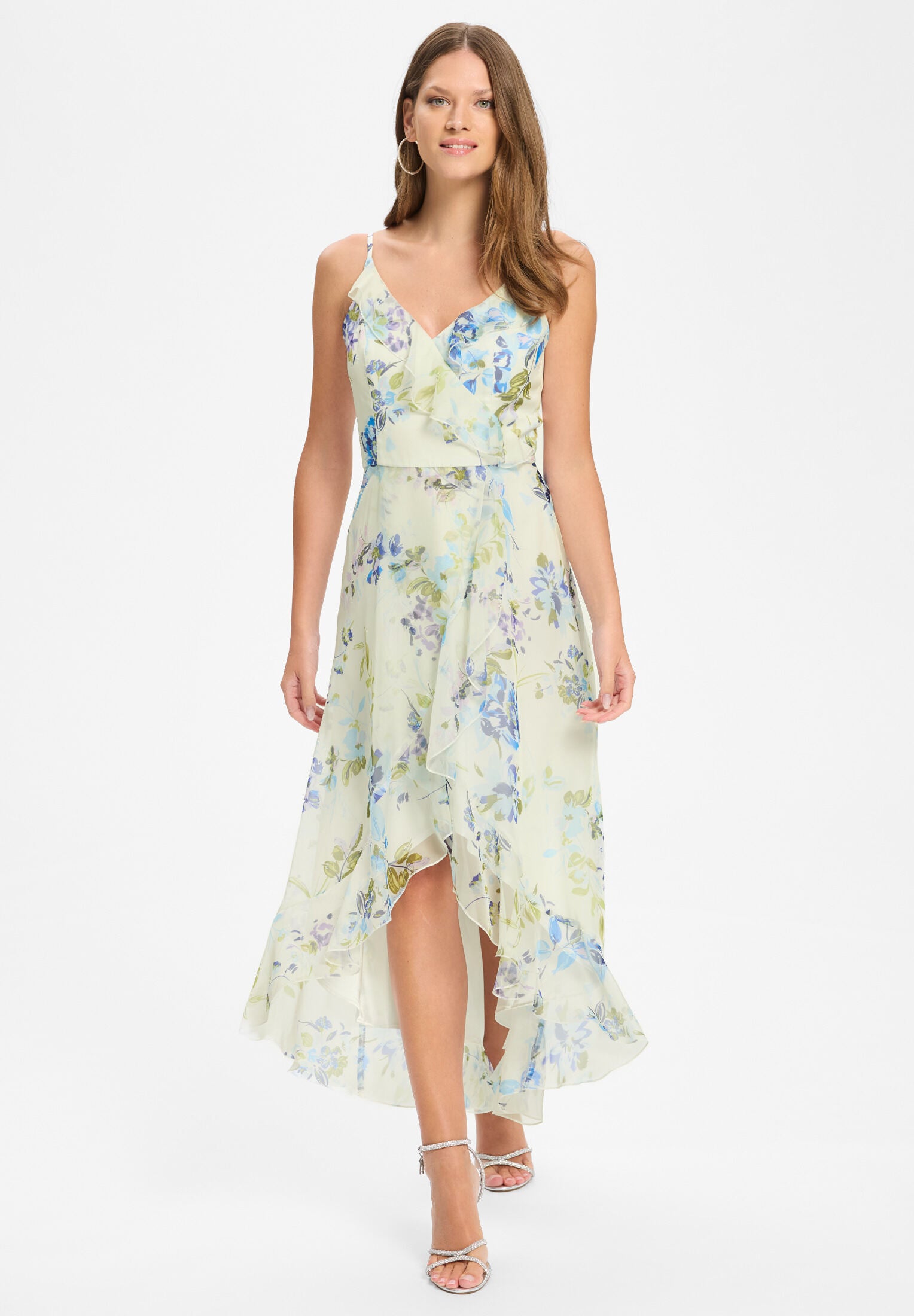 Abendkleid aus floral bedrucktem Chiffon mit Vokuhila Saum und Volants ivory | multi