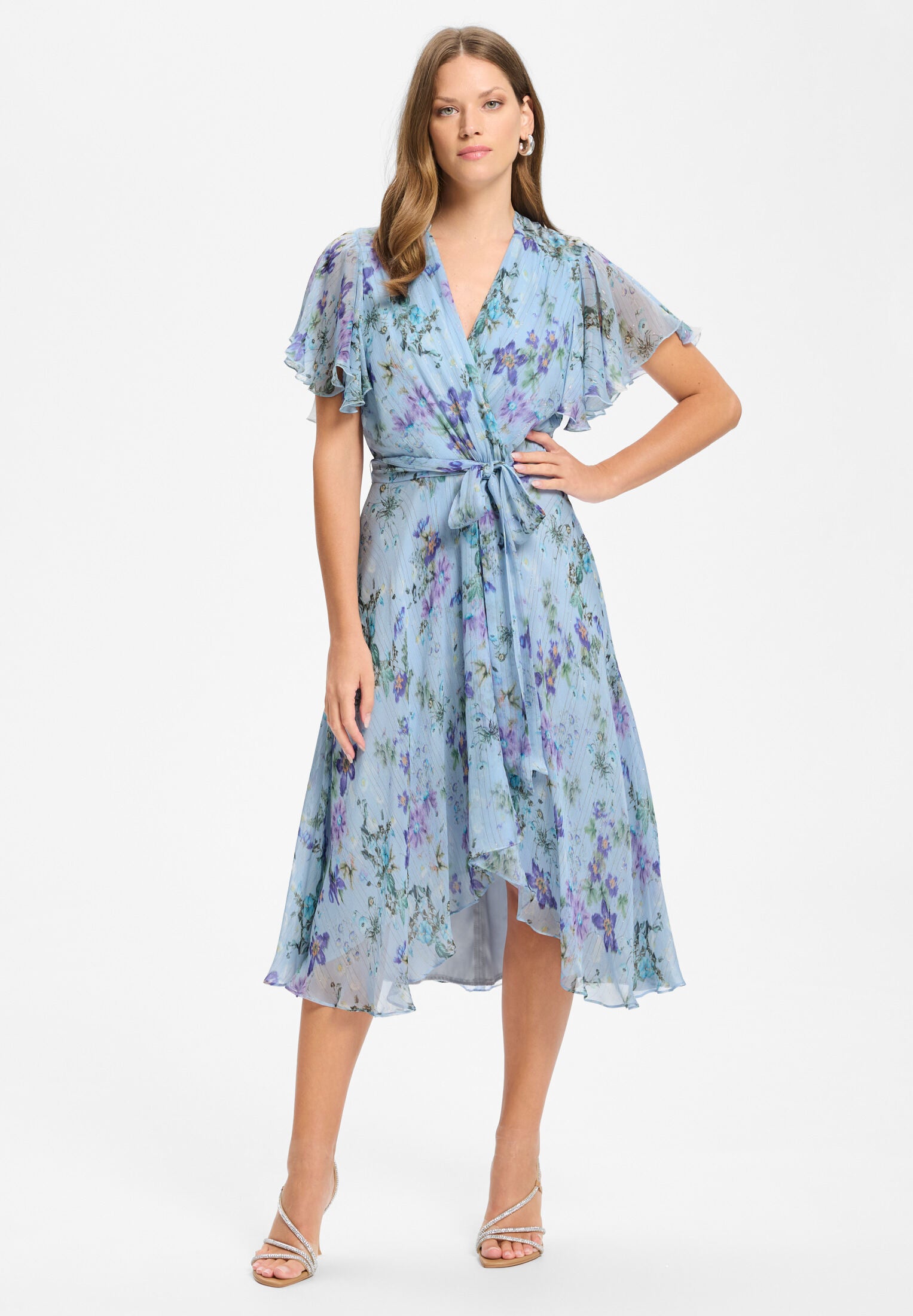 Midi Kleid in Wickel Optik aus Chiffon mit Metallicfäden baby blue | multi