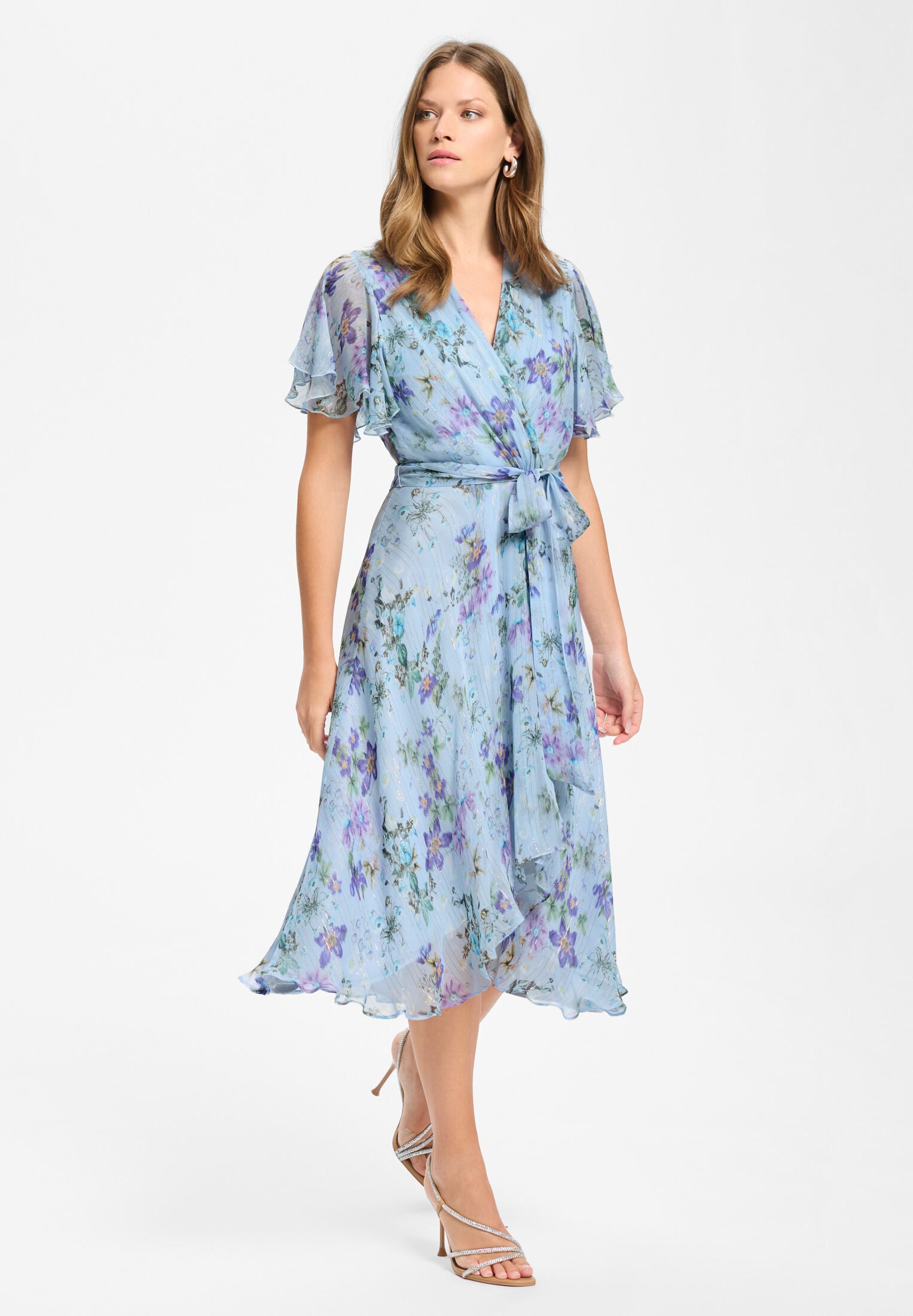 Midi Kleid in Wickel Optik aus Chiffon mit Metallicfäden