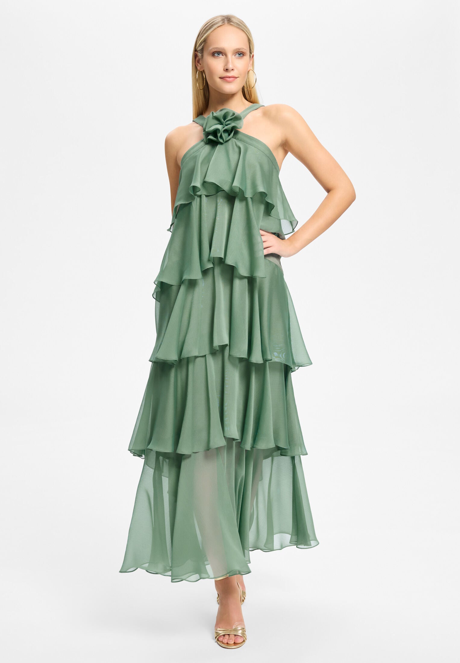 Abendkleid aus Crinkle Chiffon mit gestuften Volants pistachio green