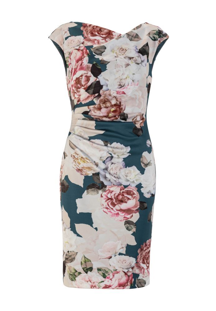 Cocktailkleid aus bedrucktem Scuba und Drapierung