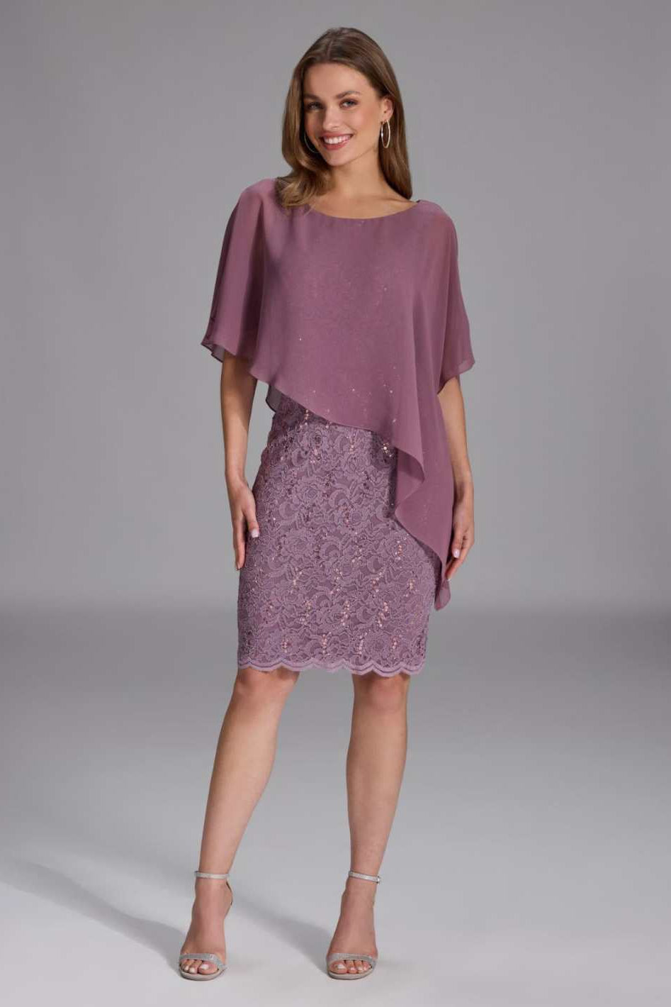 Pailletten-Kleid mit asymmetrischem Chiffon-Überwurf mauve