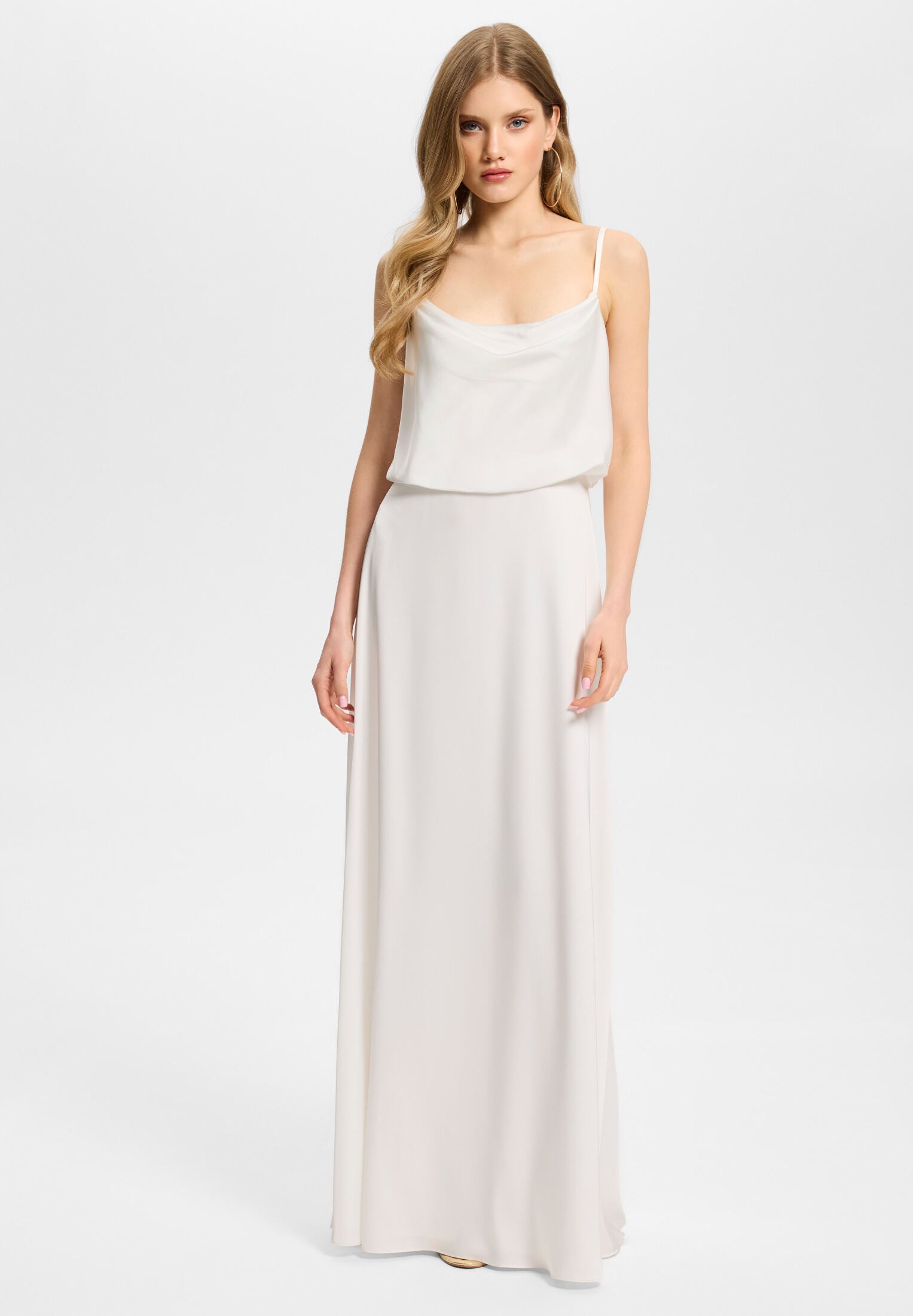 Abendkleid aus Satin mit angedeutetem Wasserfallausschnitt ivory