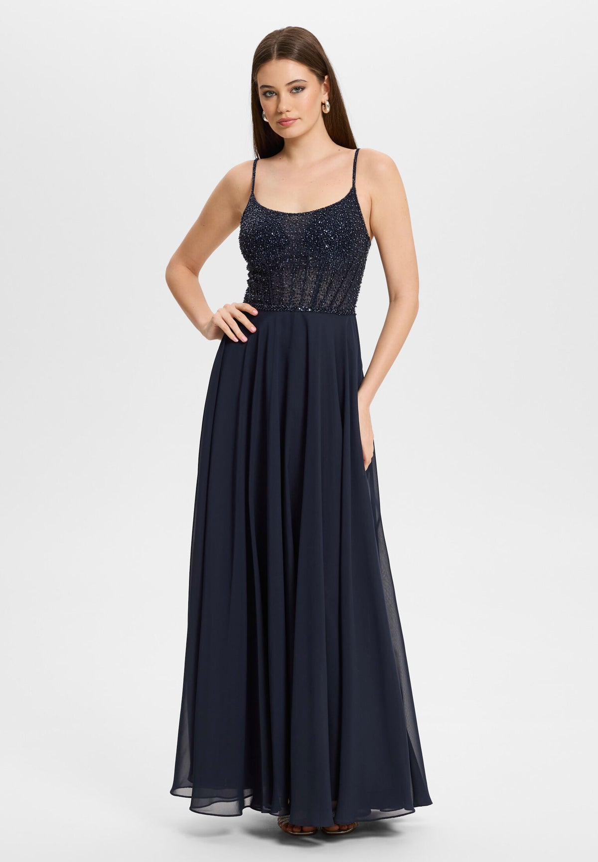 Chiffonkleid mit besticktem Top navy