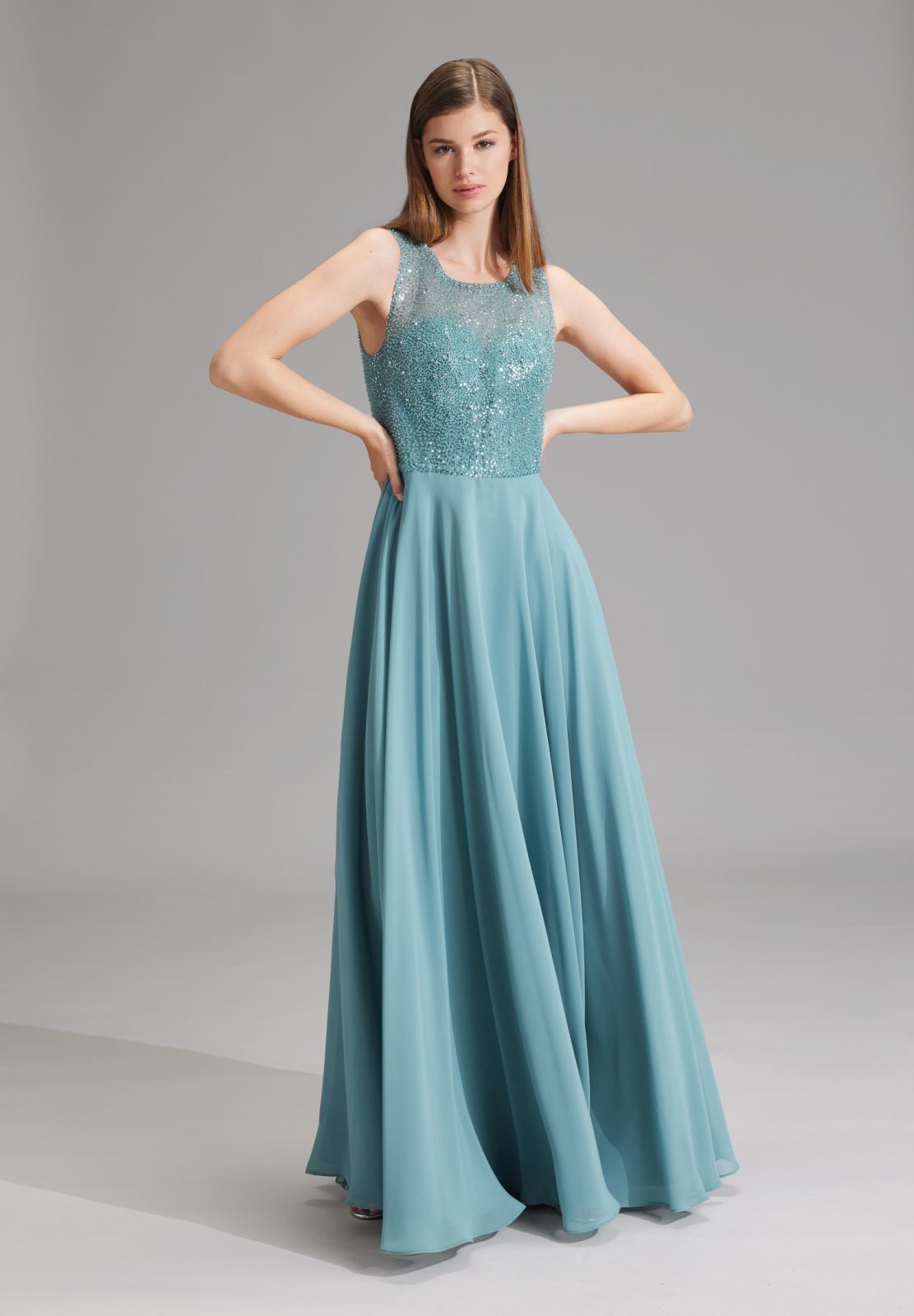Abendkleid aus Material-Mix sea blue