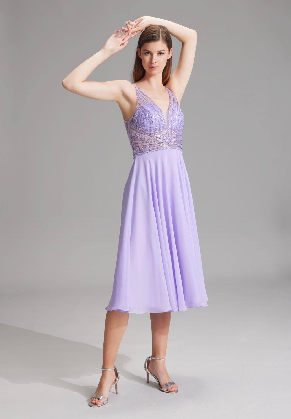 Midilanges Cocktailkleid aus Materialmix pale lavender