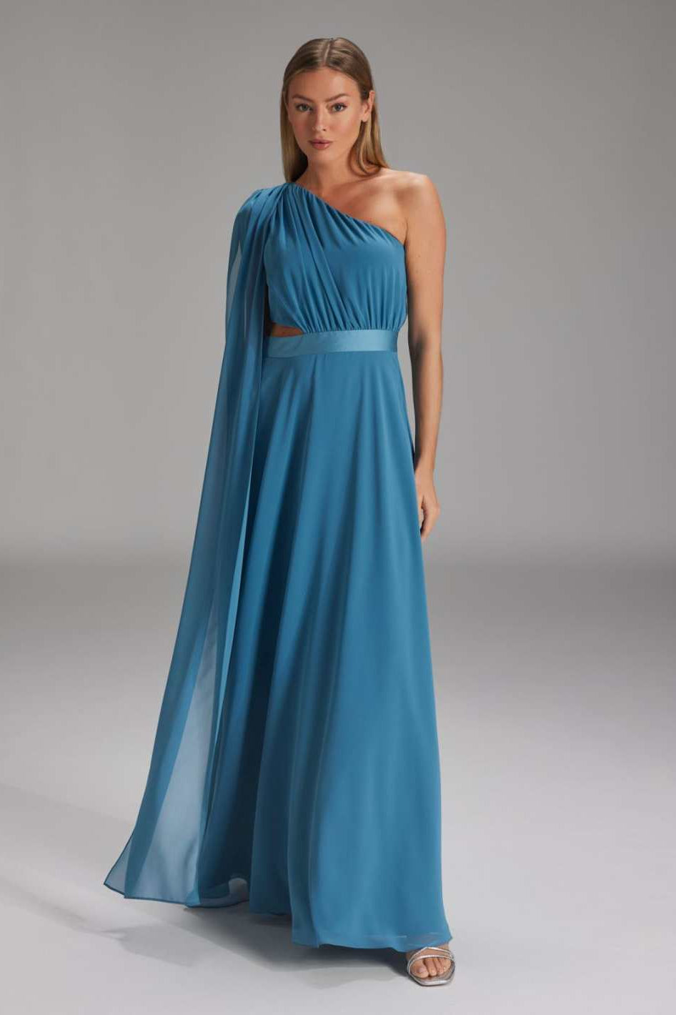 One-Shoulder-Maxikleid aus nachhaltigem Chiffon aqua blue