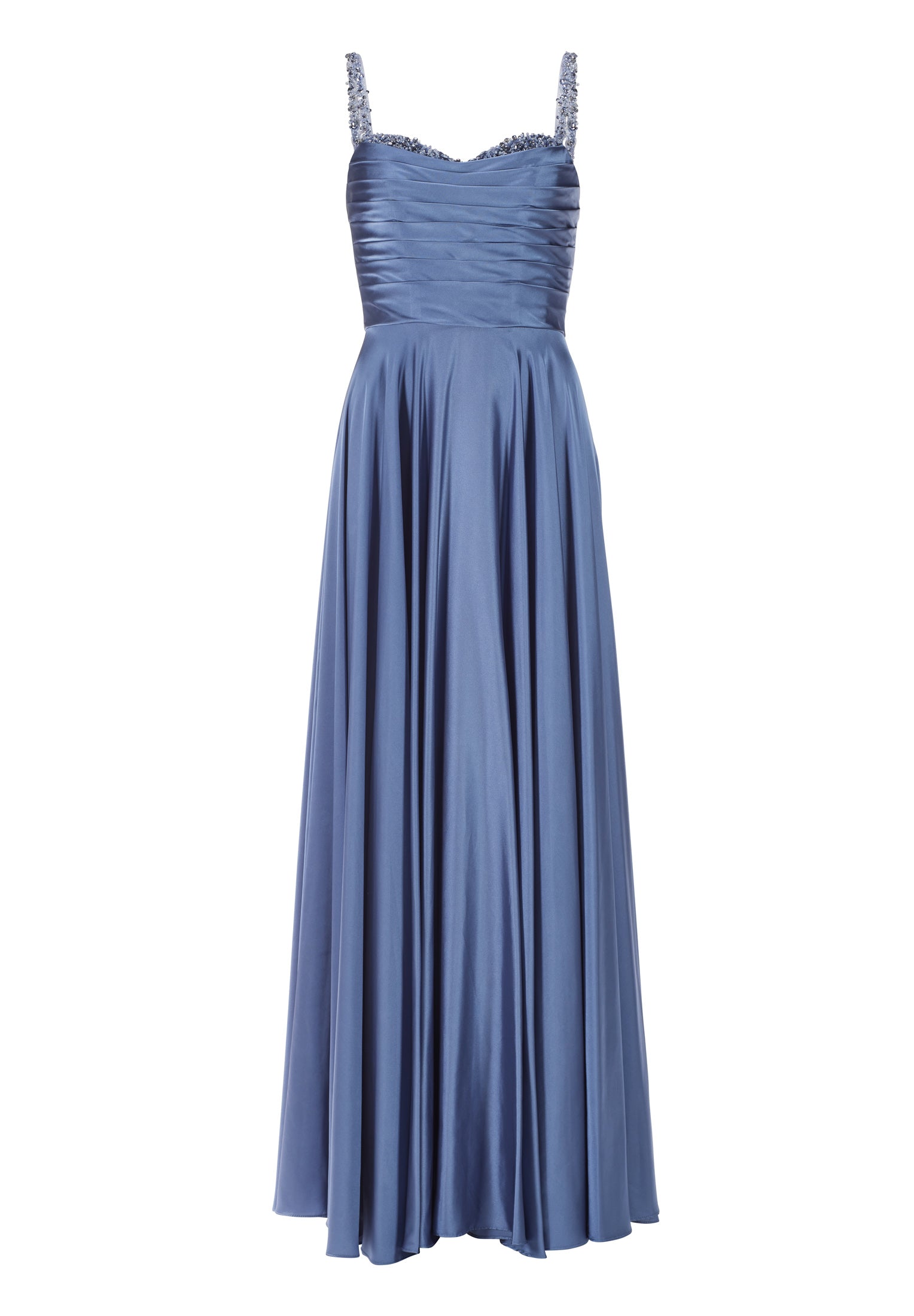 Satinkleid mit drapiertem Top und bestickten Trägern