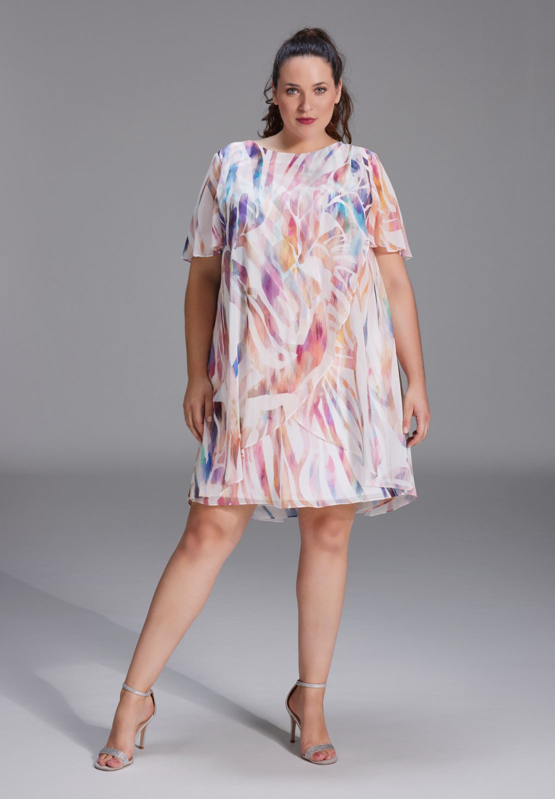 Tageskleid im Lagenlook aus Crinkle Chiffon mit Animal Print ivory multi