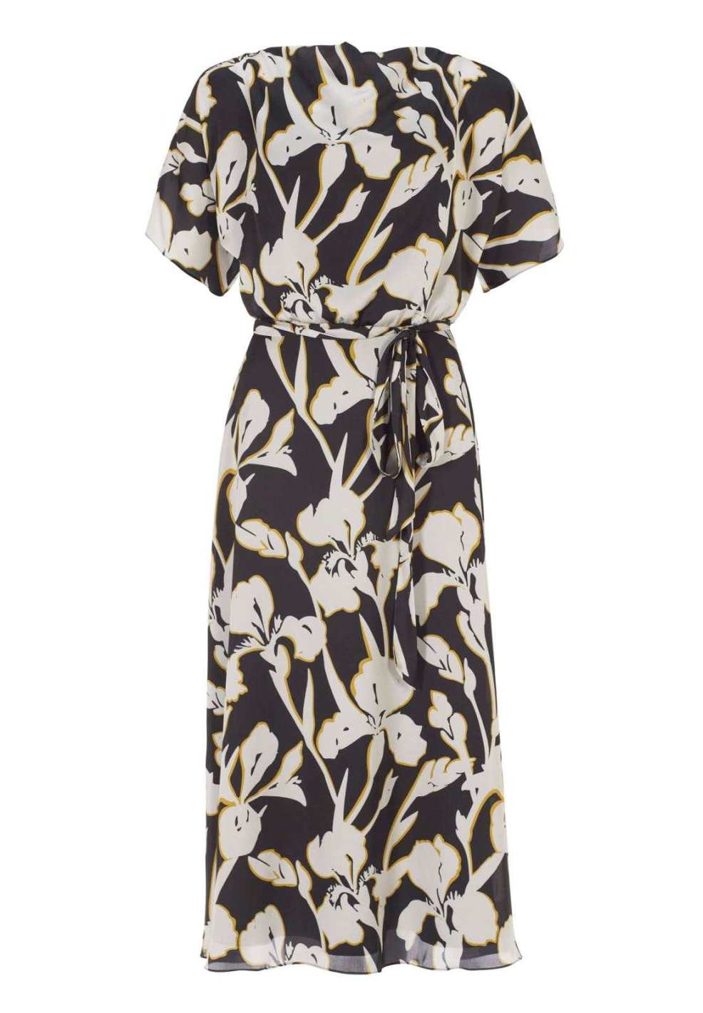 Midi Kleid aus floral bedrucktem Satin mit Wasserfall Ausschnitt