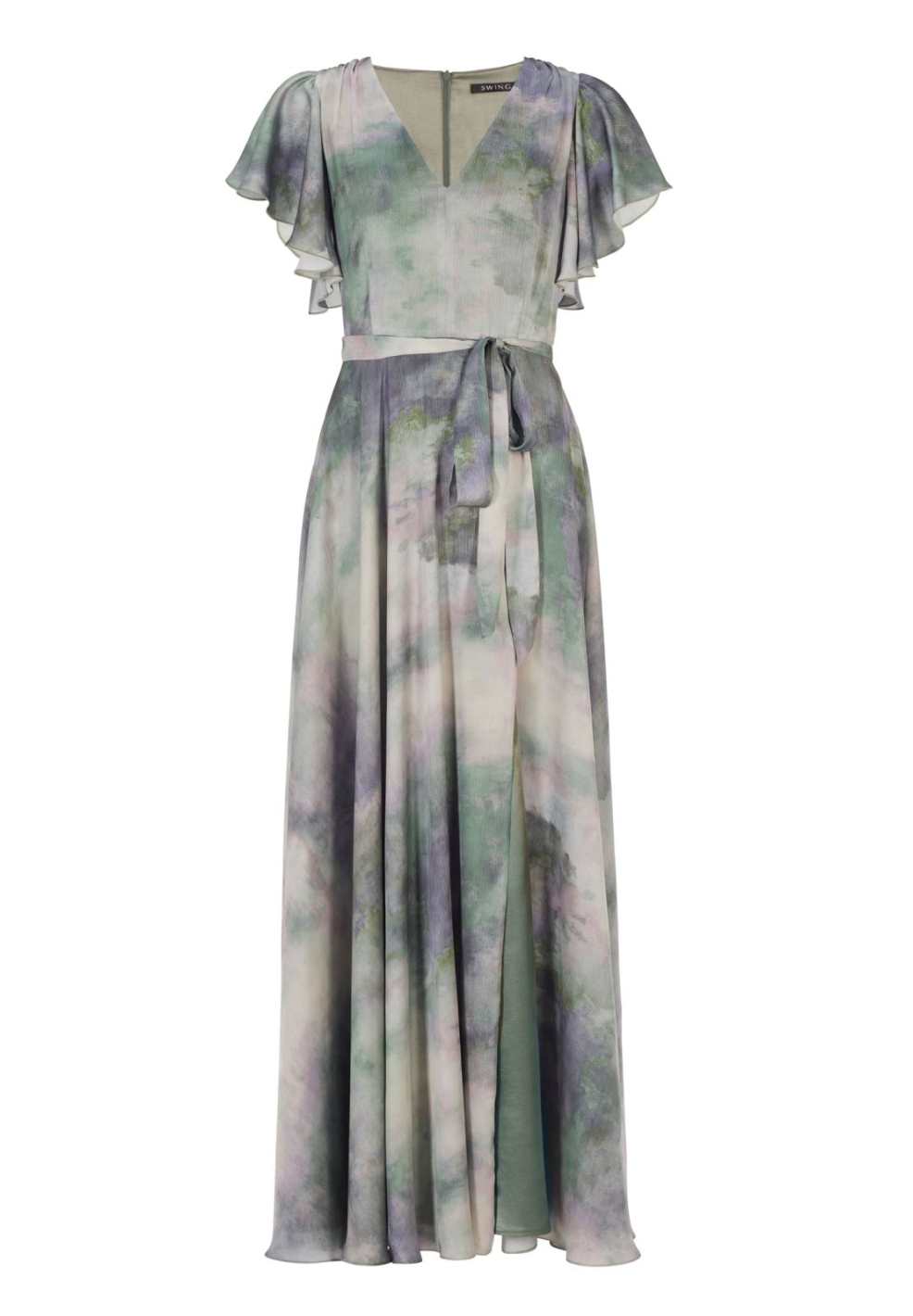 Abendkleid aus bedrucktem Satin mit gerüschten Ärmeln