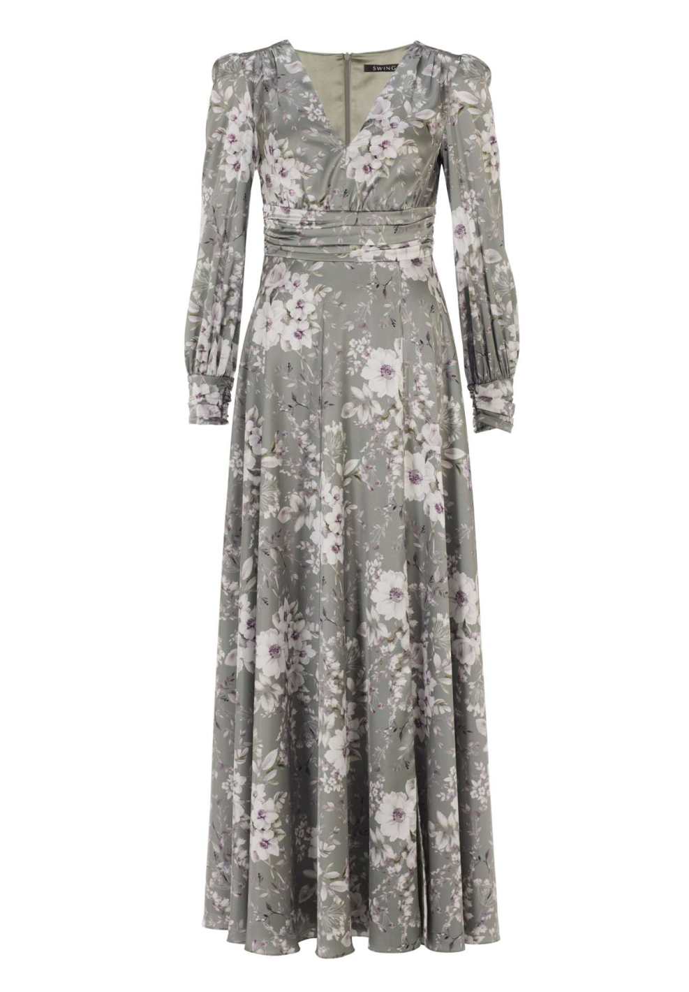 Abendkleid mit aus floral bedrucktem Satin mit Raffdetails