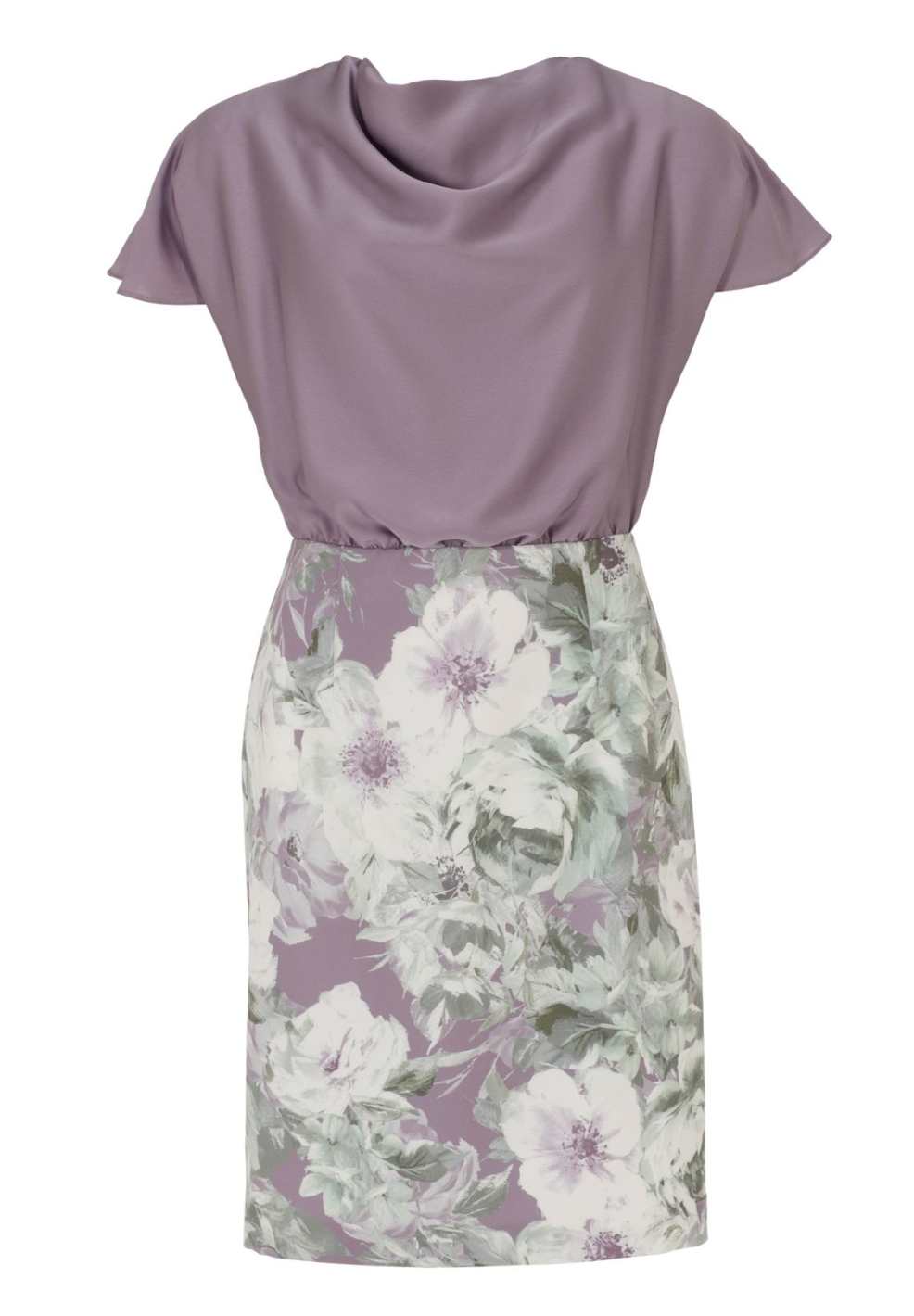 Blusiges Etuikleid aus Material Mix mit Wasserfall Ausschnitt