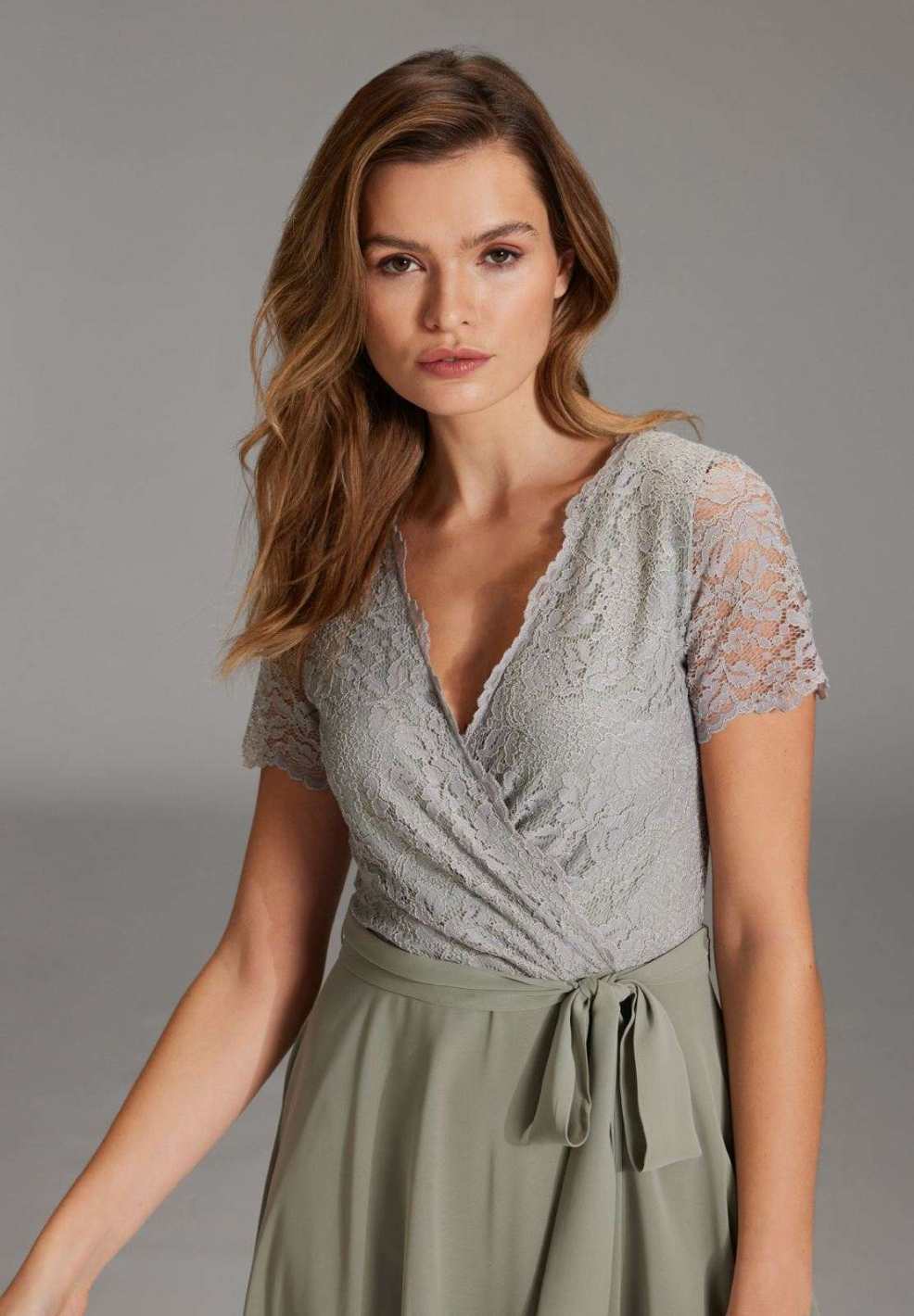 Midi Kleid Halbarm aus Chiffon-Spitze-Mix mit Bogenkanten