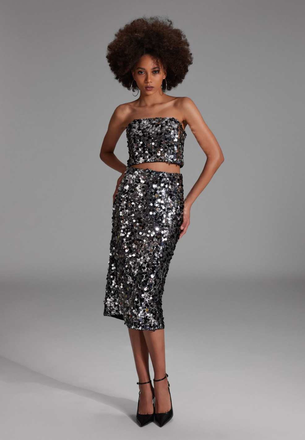 Bleistiftrock mit großen Pailletten titan grey