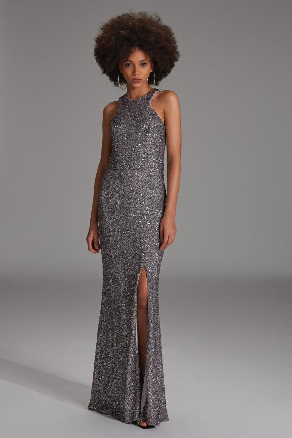 Abendkleid aus elastischer Paillette mit Racer- Back Ausschnitt und Beinschlitz silver grey