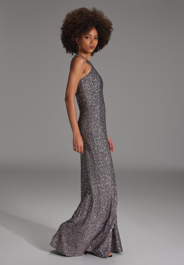 Abendkleid aus elastischer Paillette mit Racer- Back Ausschnitt und Beinschlitz