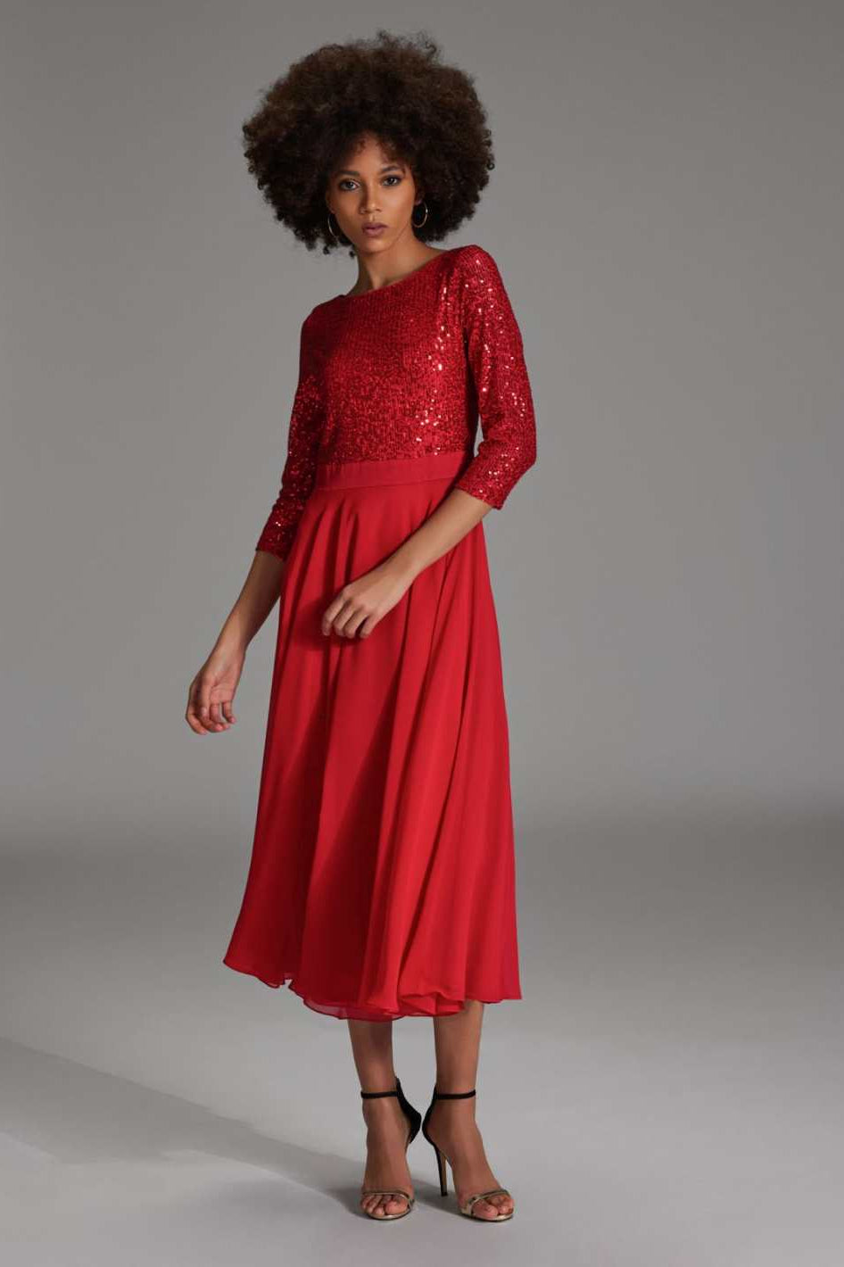 Midi Kleid mit Top aus elastischer Paillette und Chiffonrock chili red