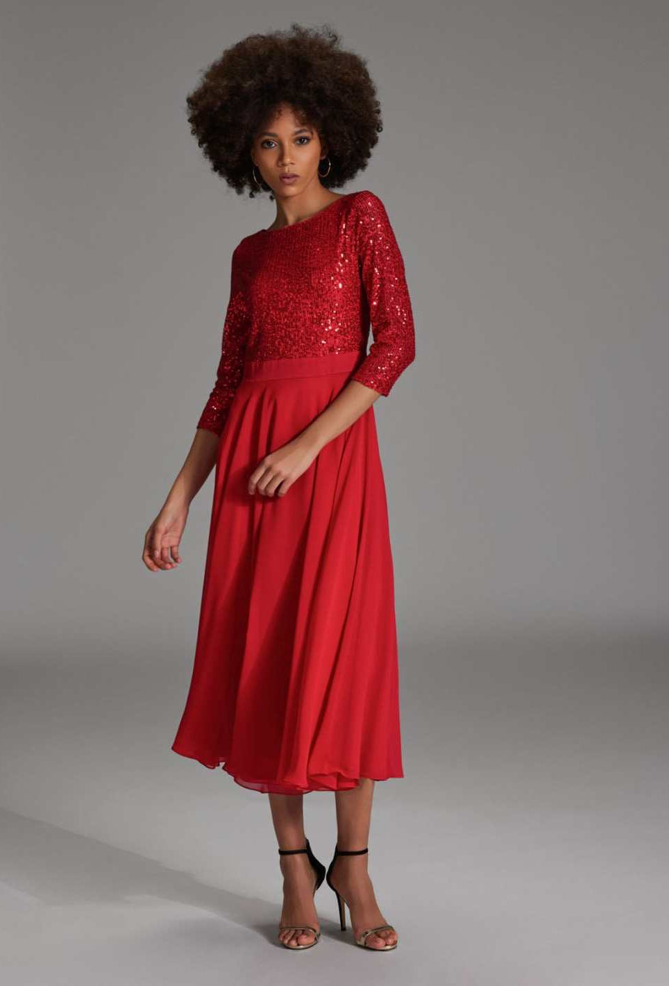 Midi Kleid mit Top aus elastischer Paillette und Chiffonrock chili red