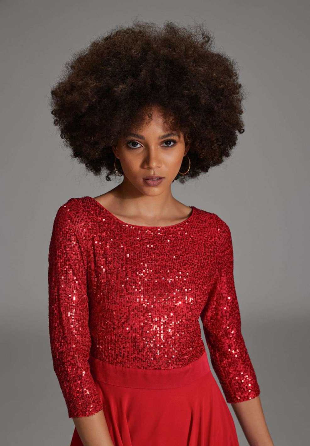 Midi Kleid mit Top aus elastischer Paillette und Chiffonrock