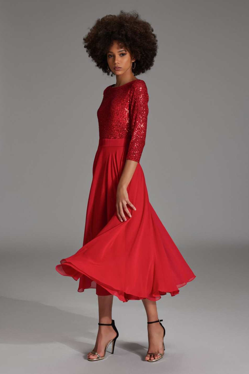 Midi Kleid mit Top aus elastischer Paillette und Chiffonrock