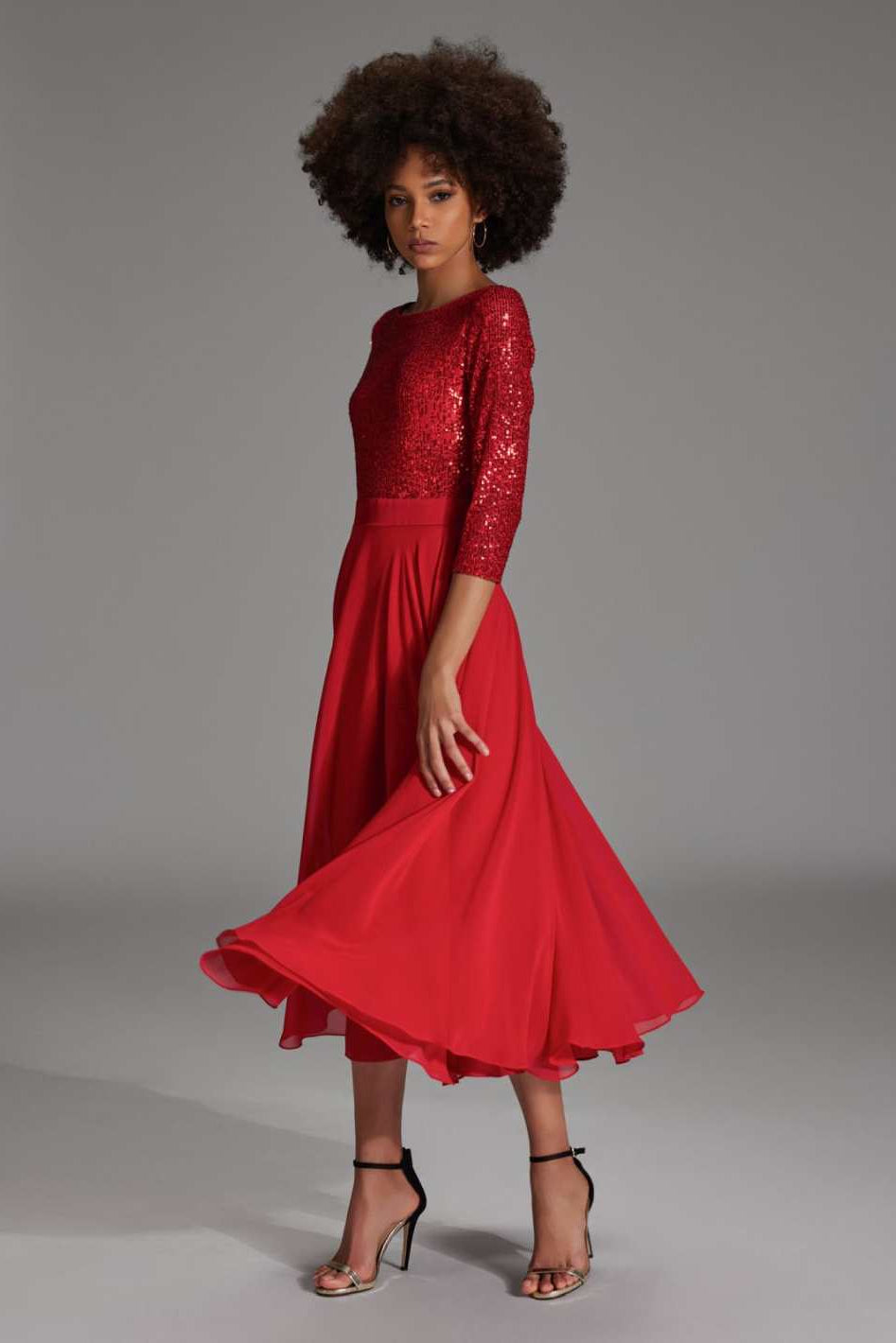 Midi Kleid mit Top aus elastischer Paillette und Chiffonrock