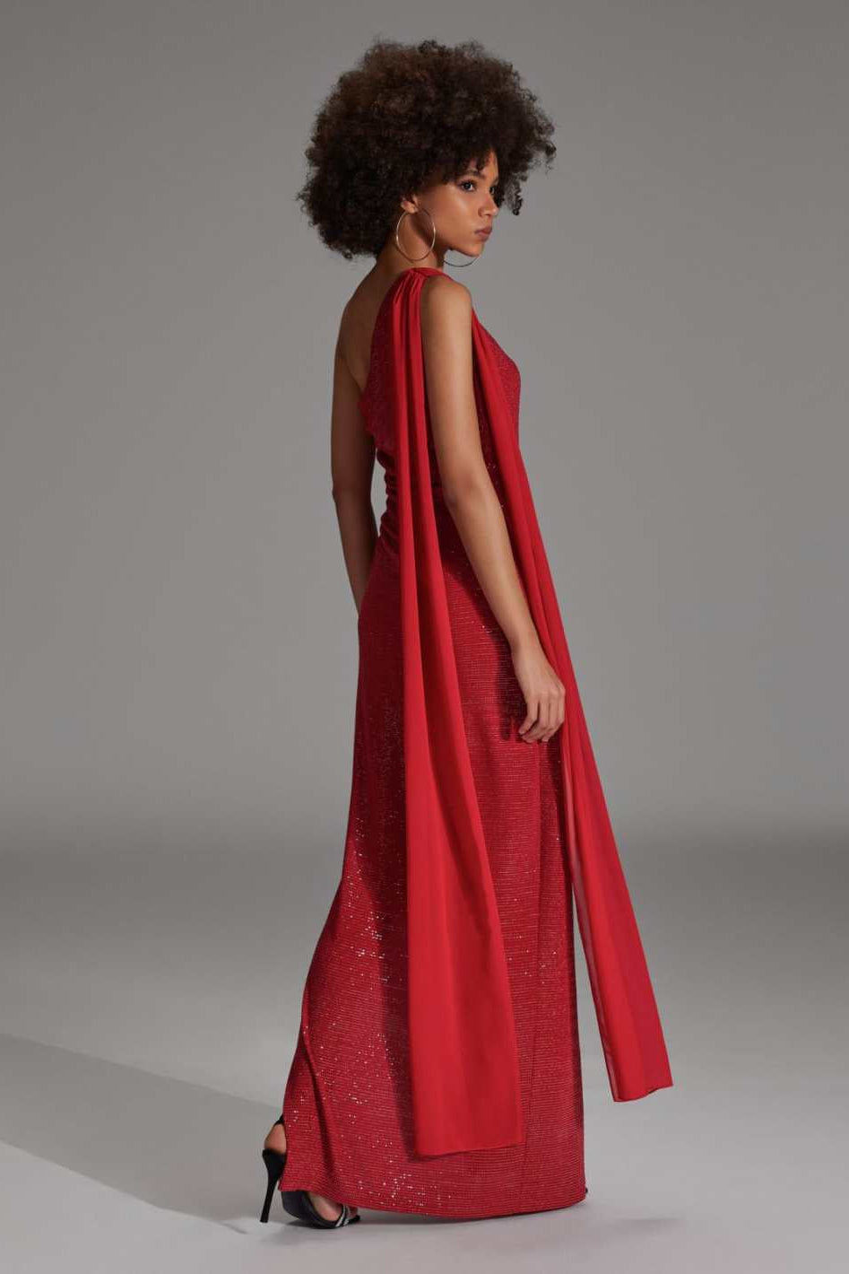 One-Shoulder Abendkleid aus foliertem Jersey mit Chiffon Schal