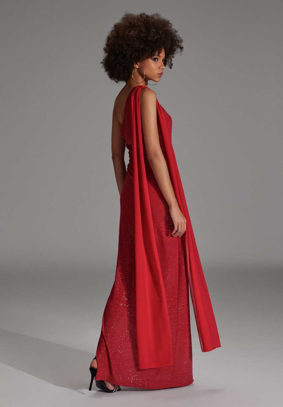 One-Shoulder Abendkleid aus foliertem Jersey mit Chiffon Schal