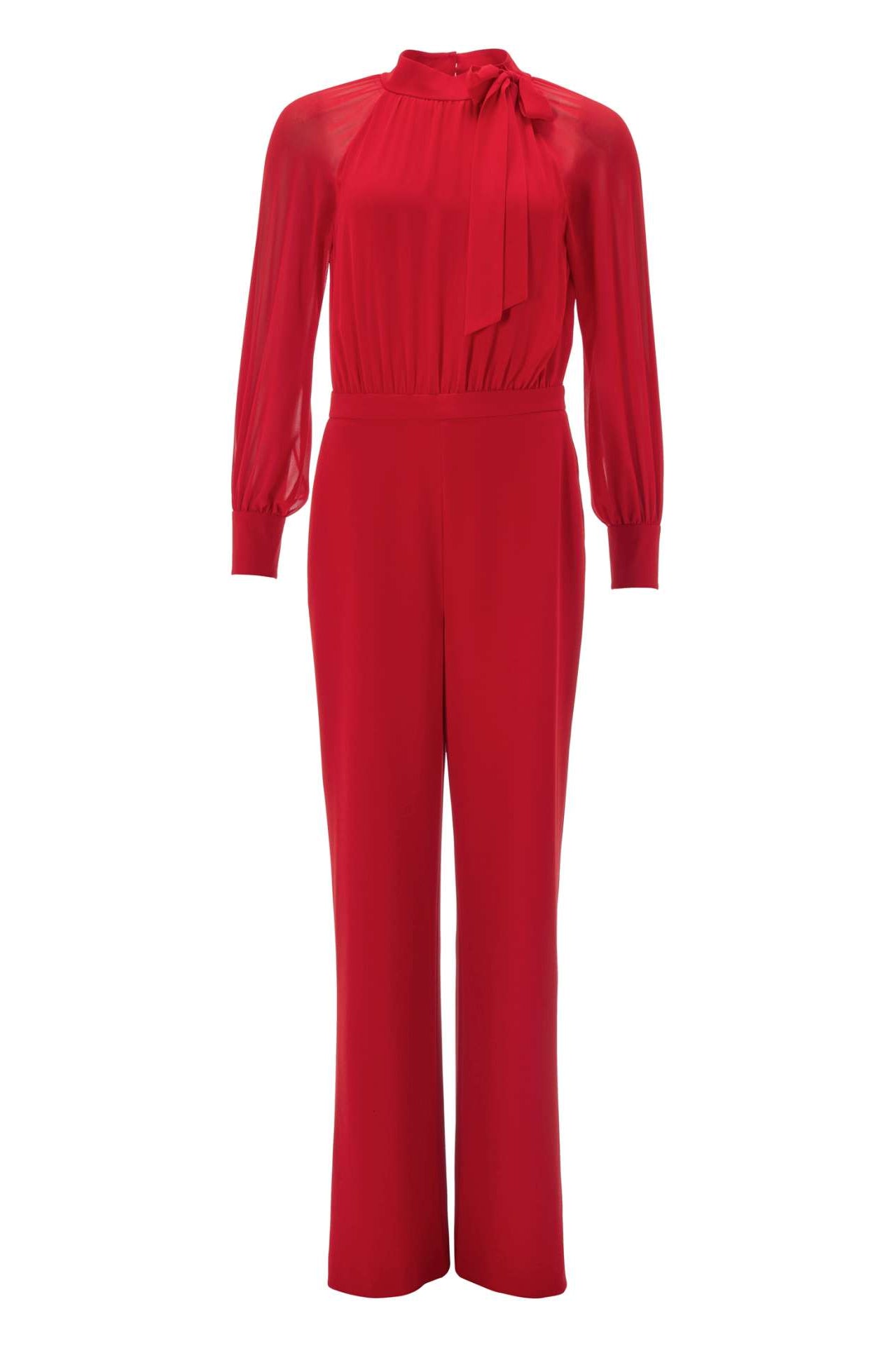 Langärmeliger Jumpsuit mit Schluppe aus Crepe Jersey und Chiffon Mix