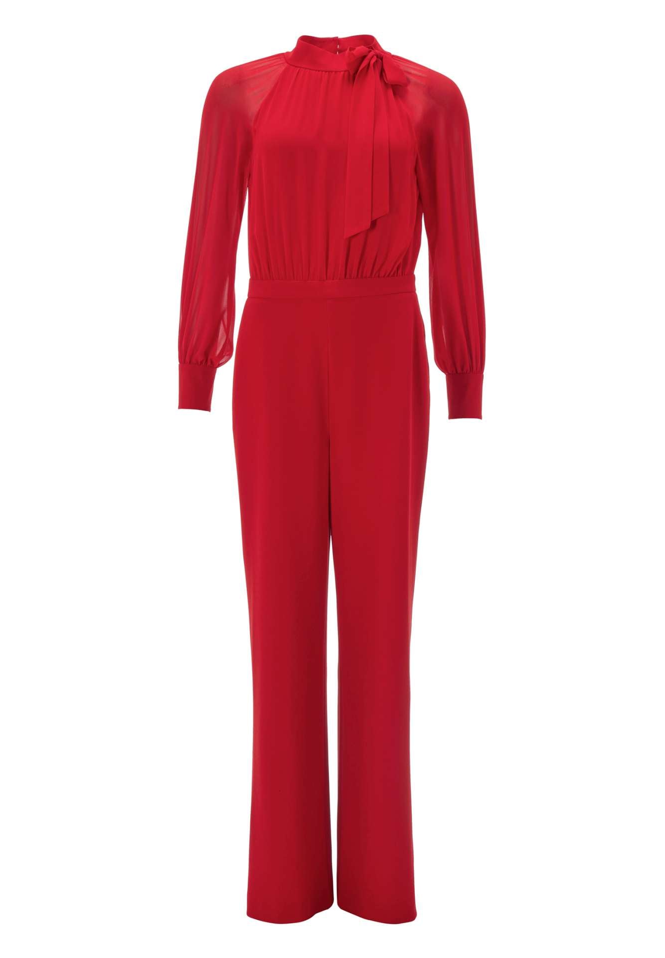 Langärmeliger Jumpsuit mit Schluppe aus Crepe Jersey und Chiffon Mix