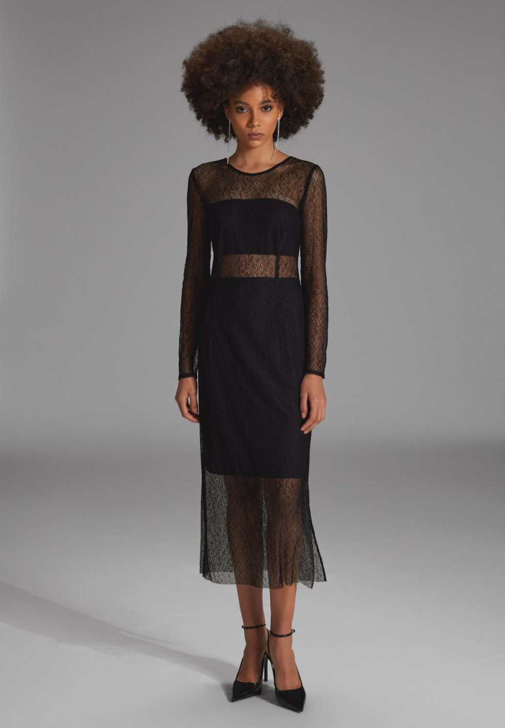 Midi Kleid aus feiner Spitze mit Transparenz black