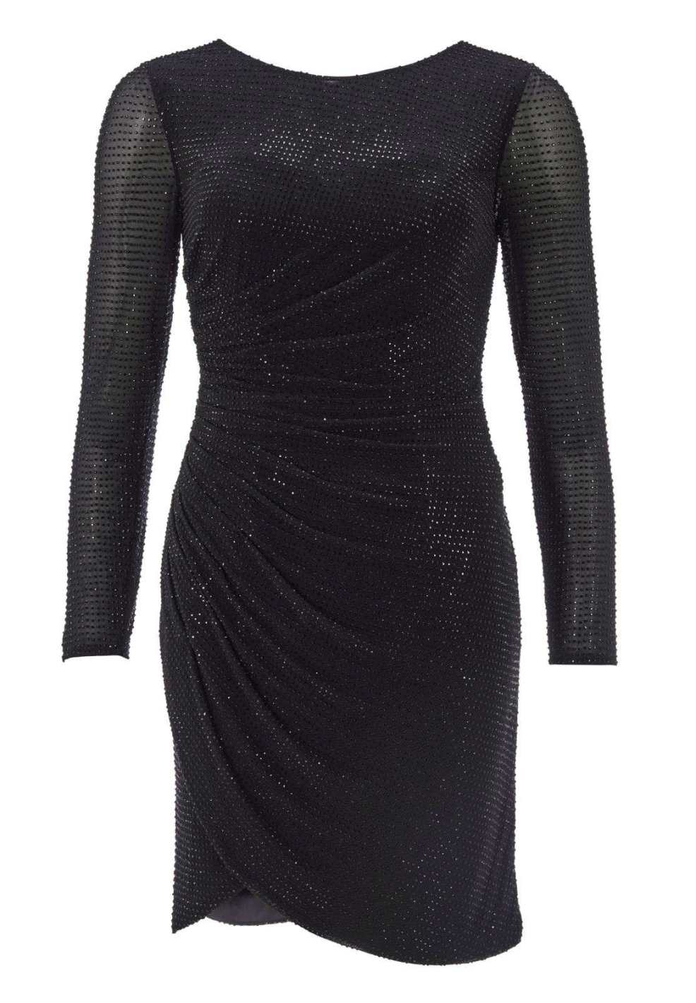 Langärmliges Cocktailkleid mit funkelndem Strassbesatz