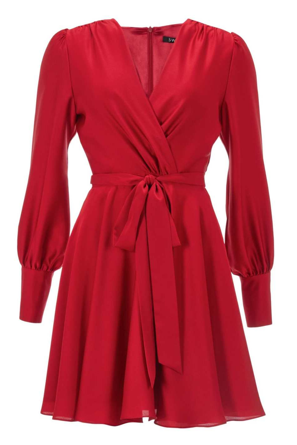 Cocktailkleid aus Satin mit breiten Manschetten, Wickel Oberteil und Tellerrock