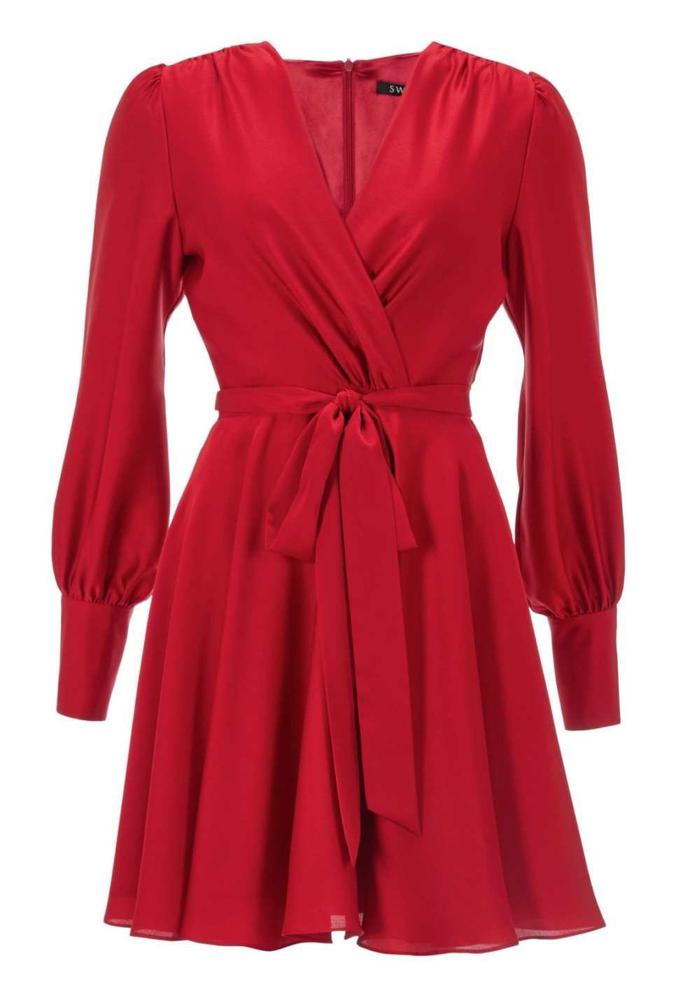 Cocktailkleid aus Satin mit breiten Manschetten, Wickel Oberteil und Tellerrock