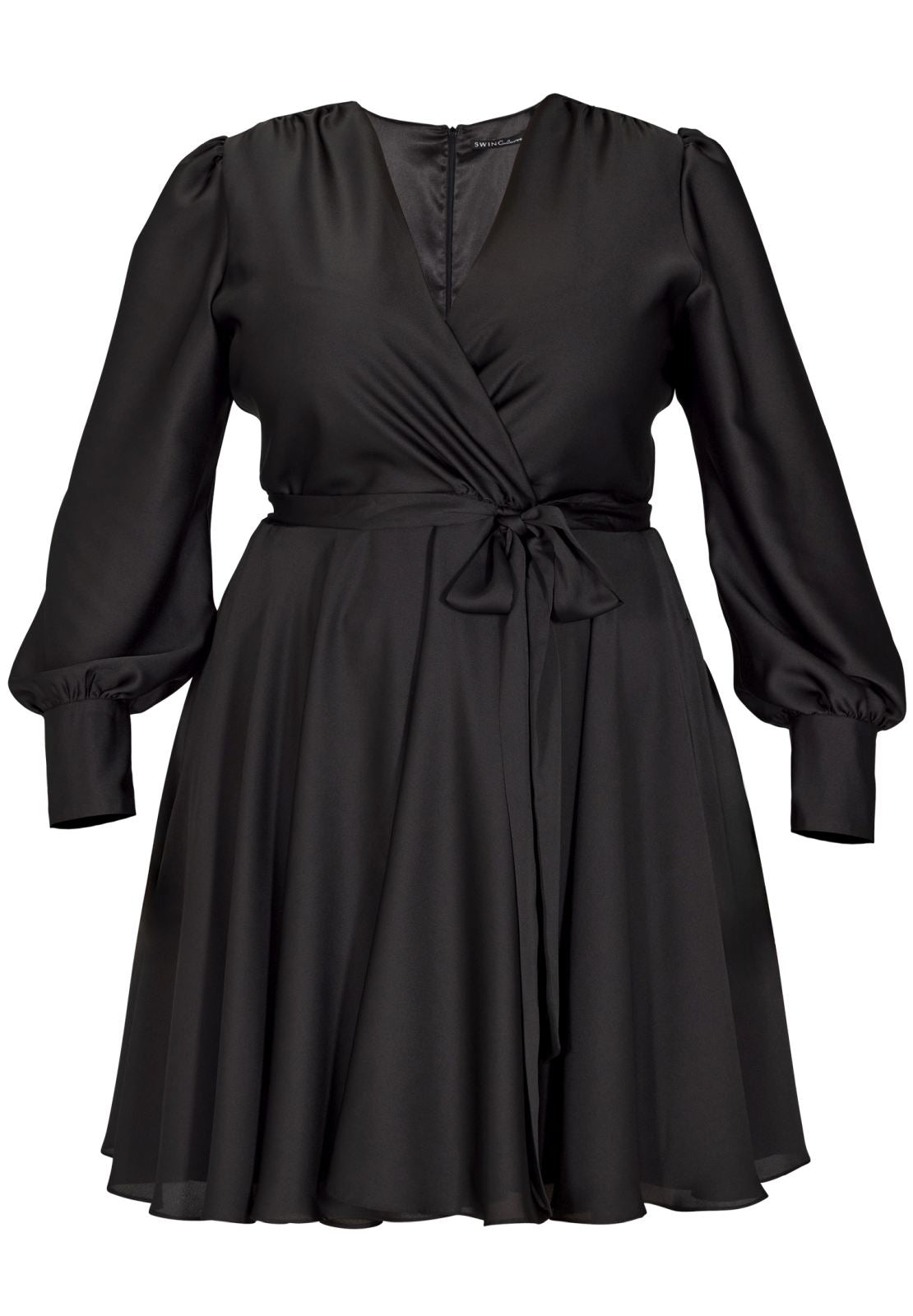 Cocktailkleid aus Satin mit breiten Manschetten, Wickel Oberteil und Tellerrock