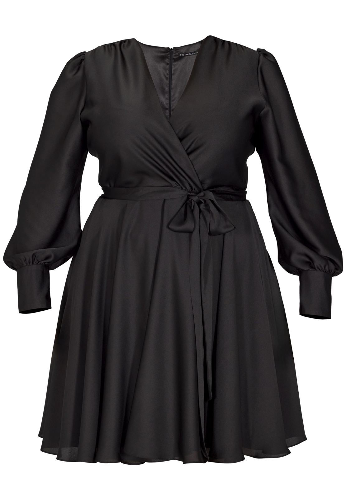 Cocktailkleid aus Satin mit breiten Manschetten, Wickel Oberteil und Tellerrock